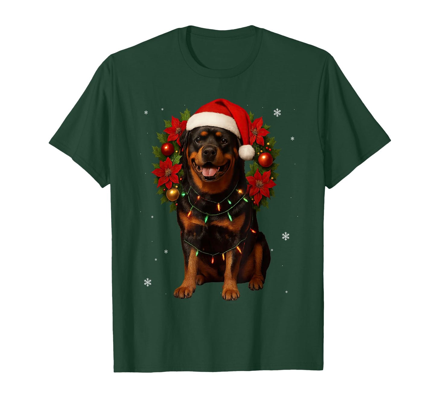 Christmas Rottweiler Festive Wreath Lights Xmas Santa Dog T-Shirt