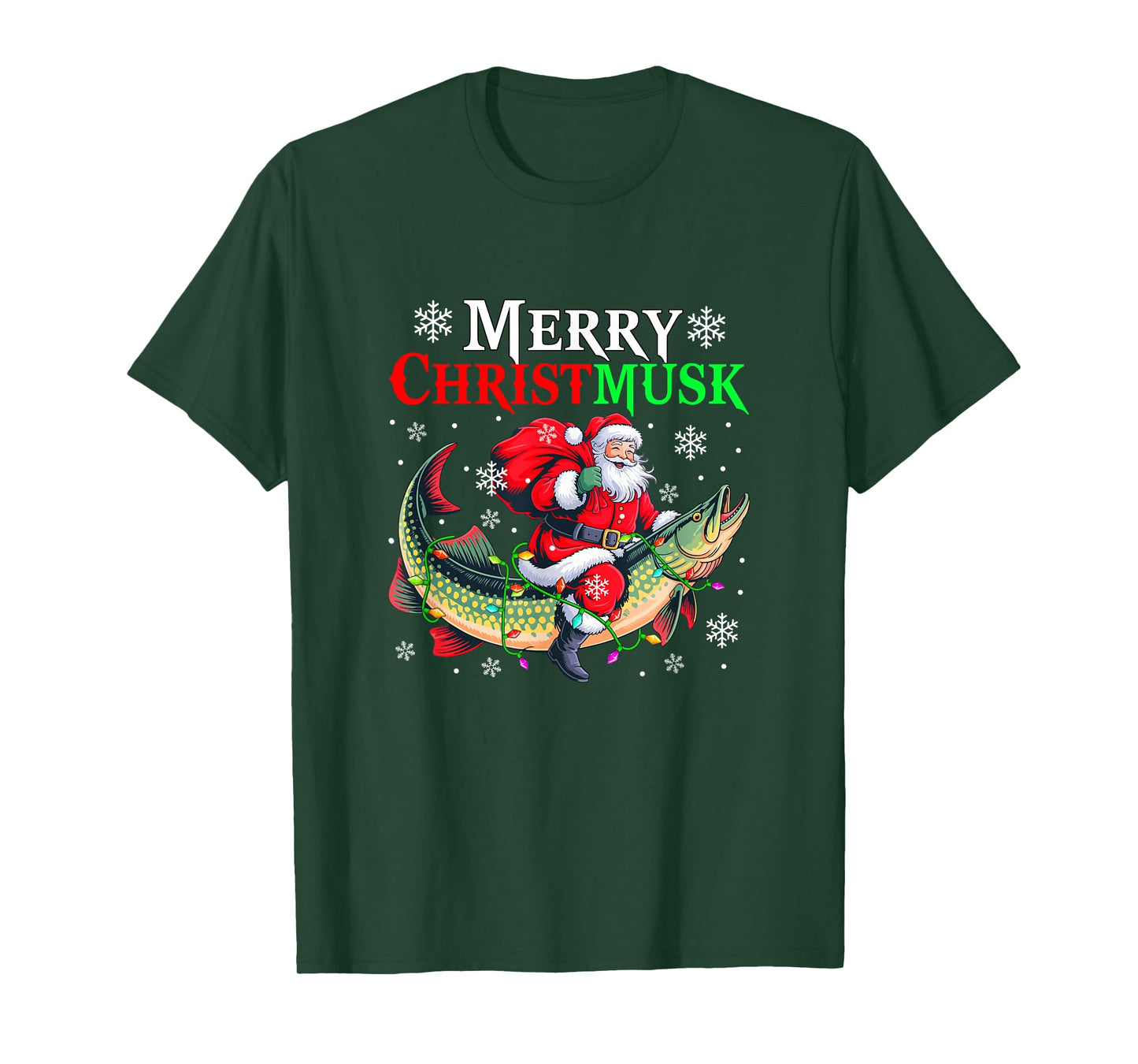 Merry Christmas Musky Santa Riding Muskellunge Fishing Lover T-Shirt