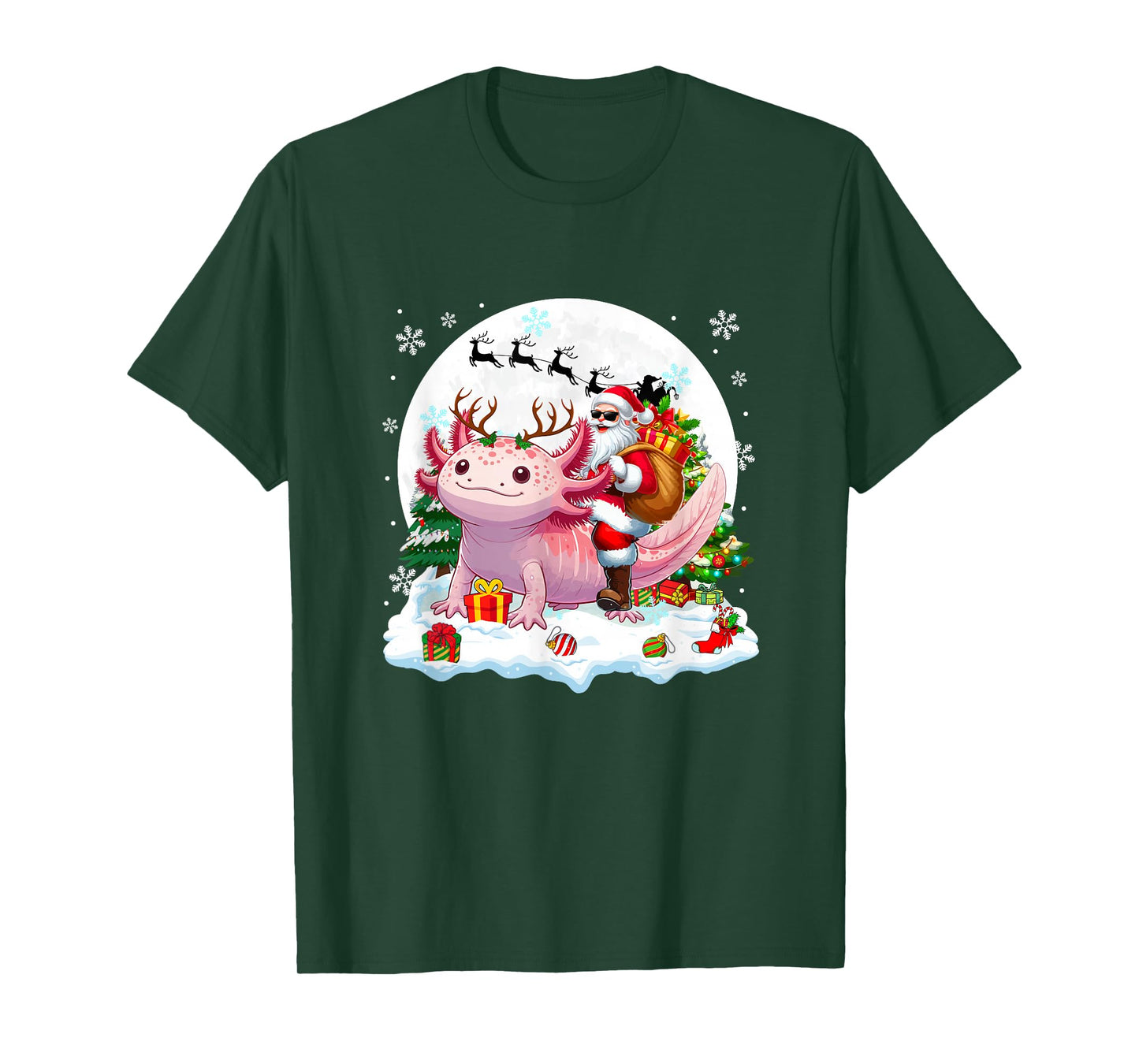 Santa Sunglasses Riding Axolotl Reindeer Christmas Snowman T-Shirt