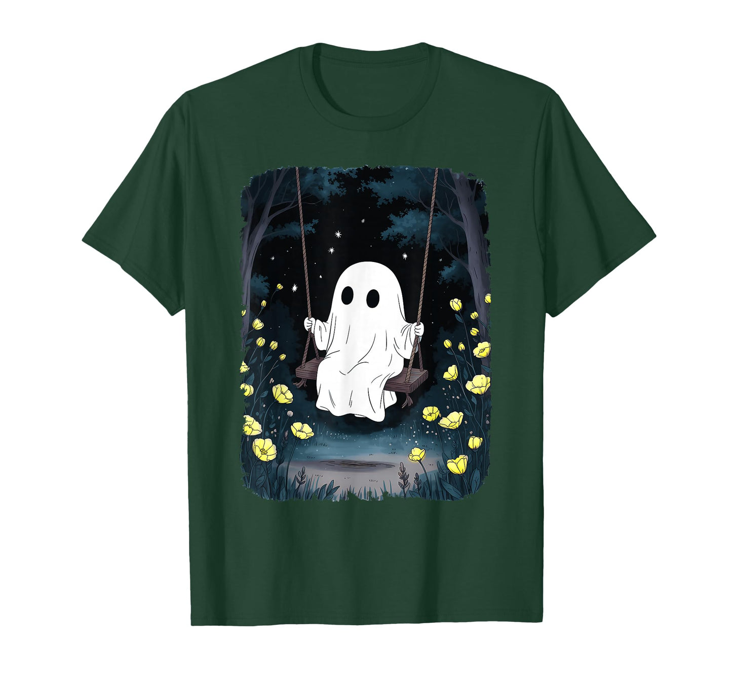 Vintage Ghost Swinging in Forest Night Halloween Floral T-Shirt
