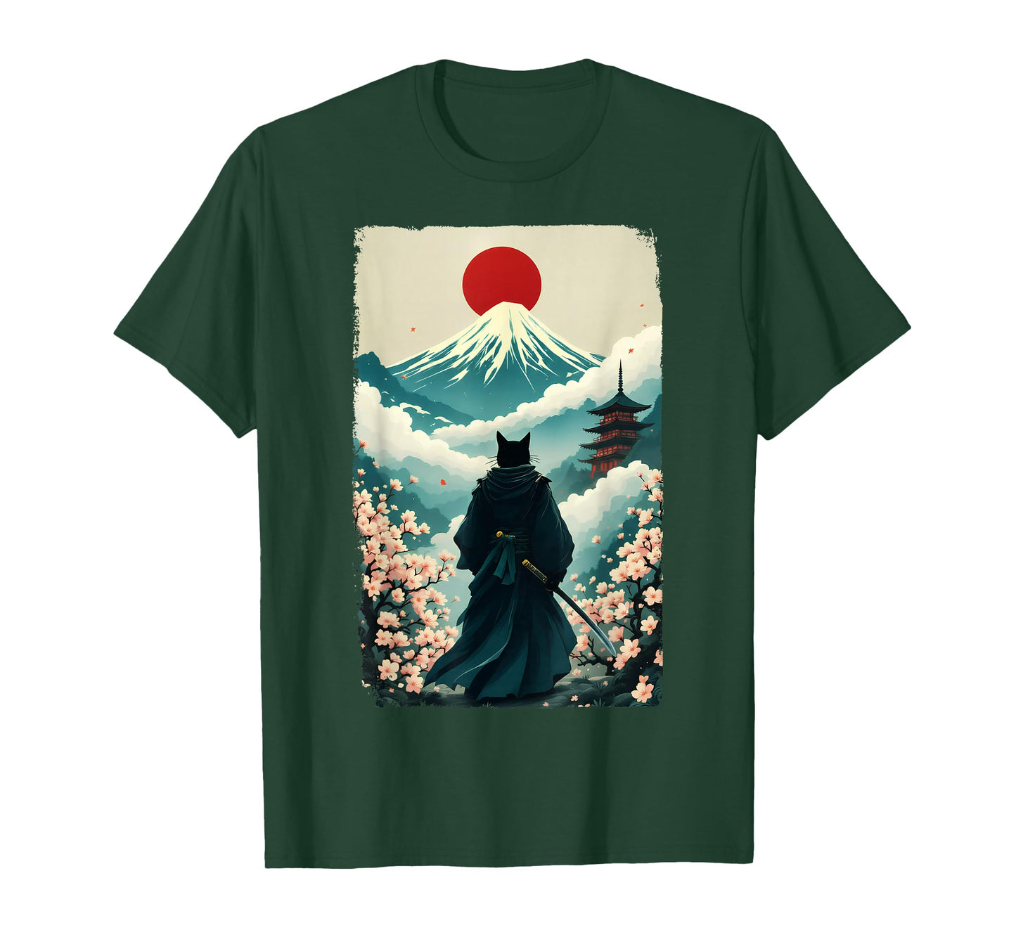Samurai Cat Warrior Fuji Mount Vintage Japanese Art Graphic T-Shirt