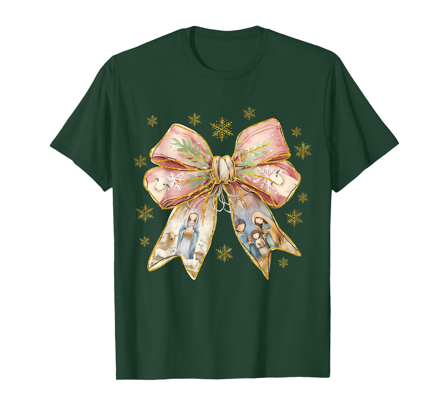 Jesus Christmas Coquette Bow Nativity Scene Christian Women T-Shirt