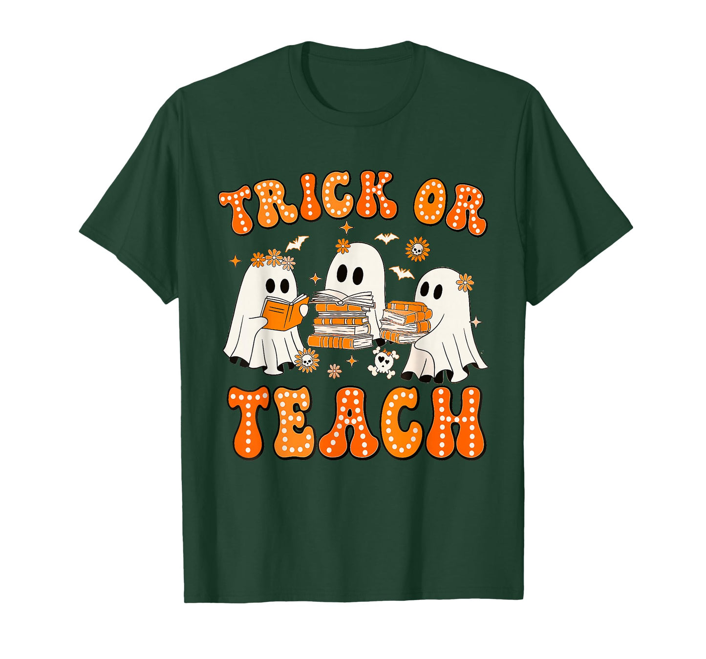 Teacher Halloween Trick or Teach Retro Groovy Floral Ghost T-Shirt