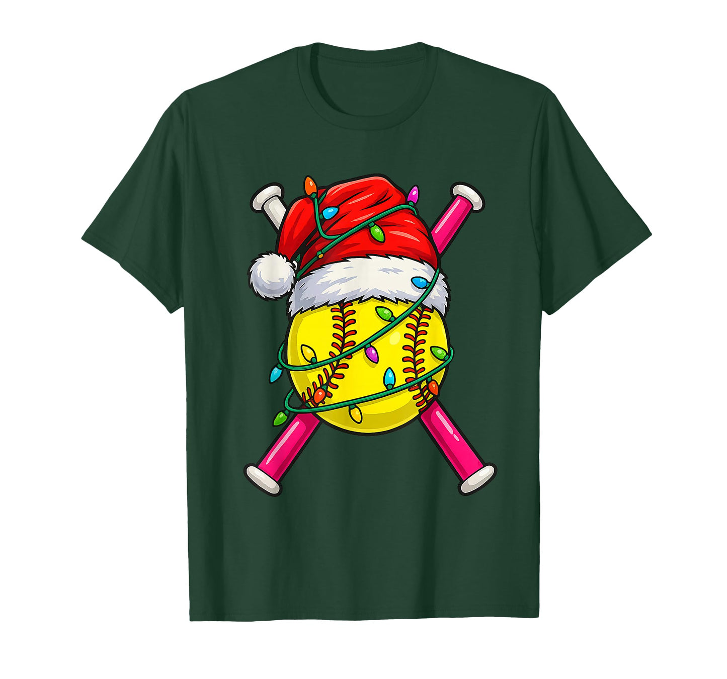 Christmas Softball Santa Hat Lights Colorful Funny Player T-Shirt