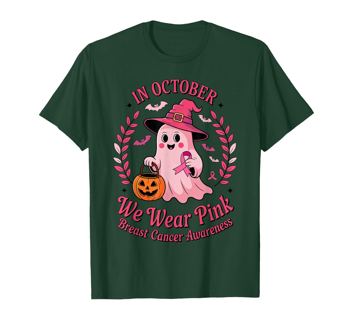 Ghost Witch in October We Wear Pink Pumpkin Breast Cancer T-Shirt