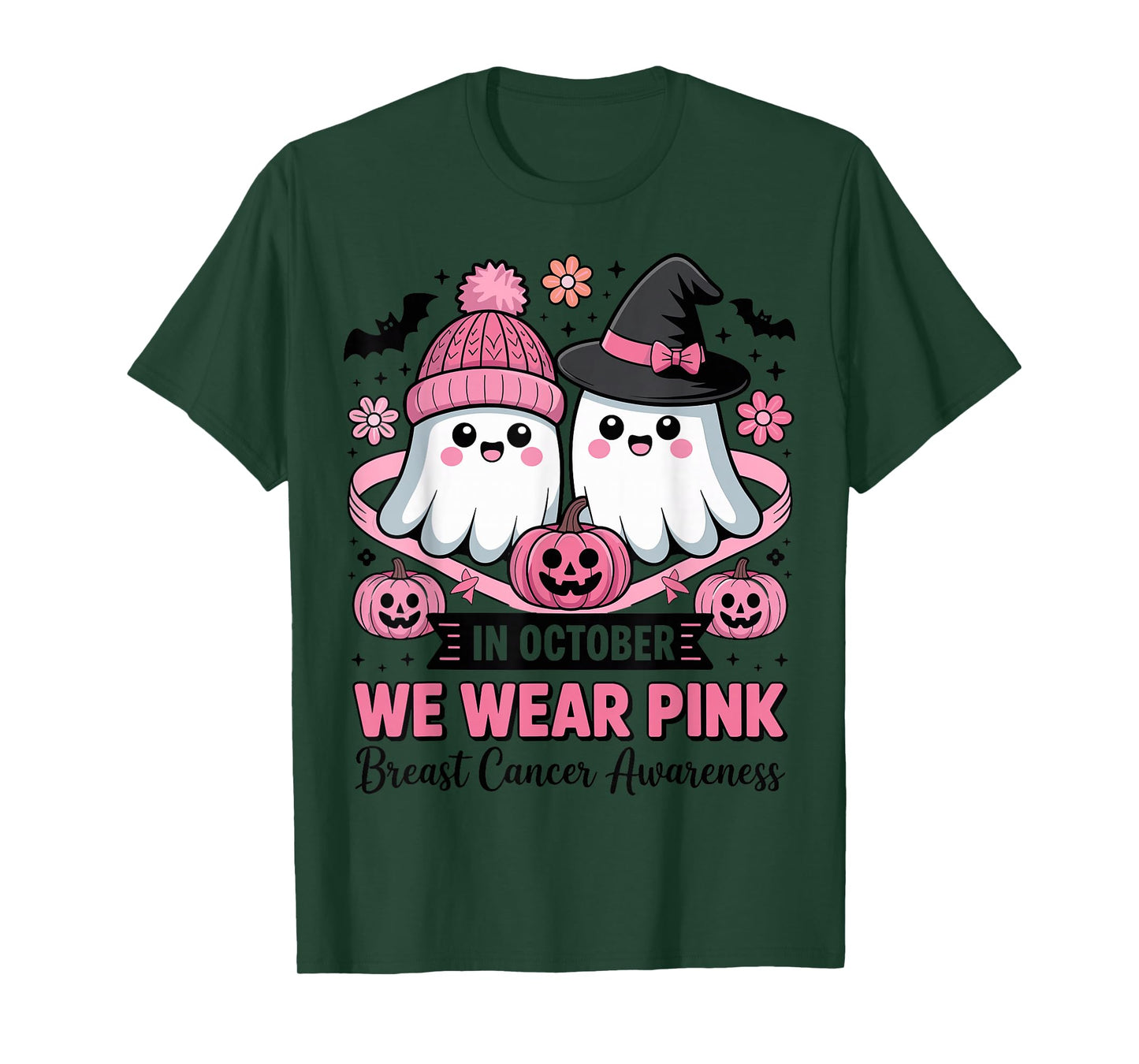 in October We Wear Pink Ghost Witch Breast Cancer Awareness T-Shirt