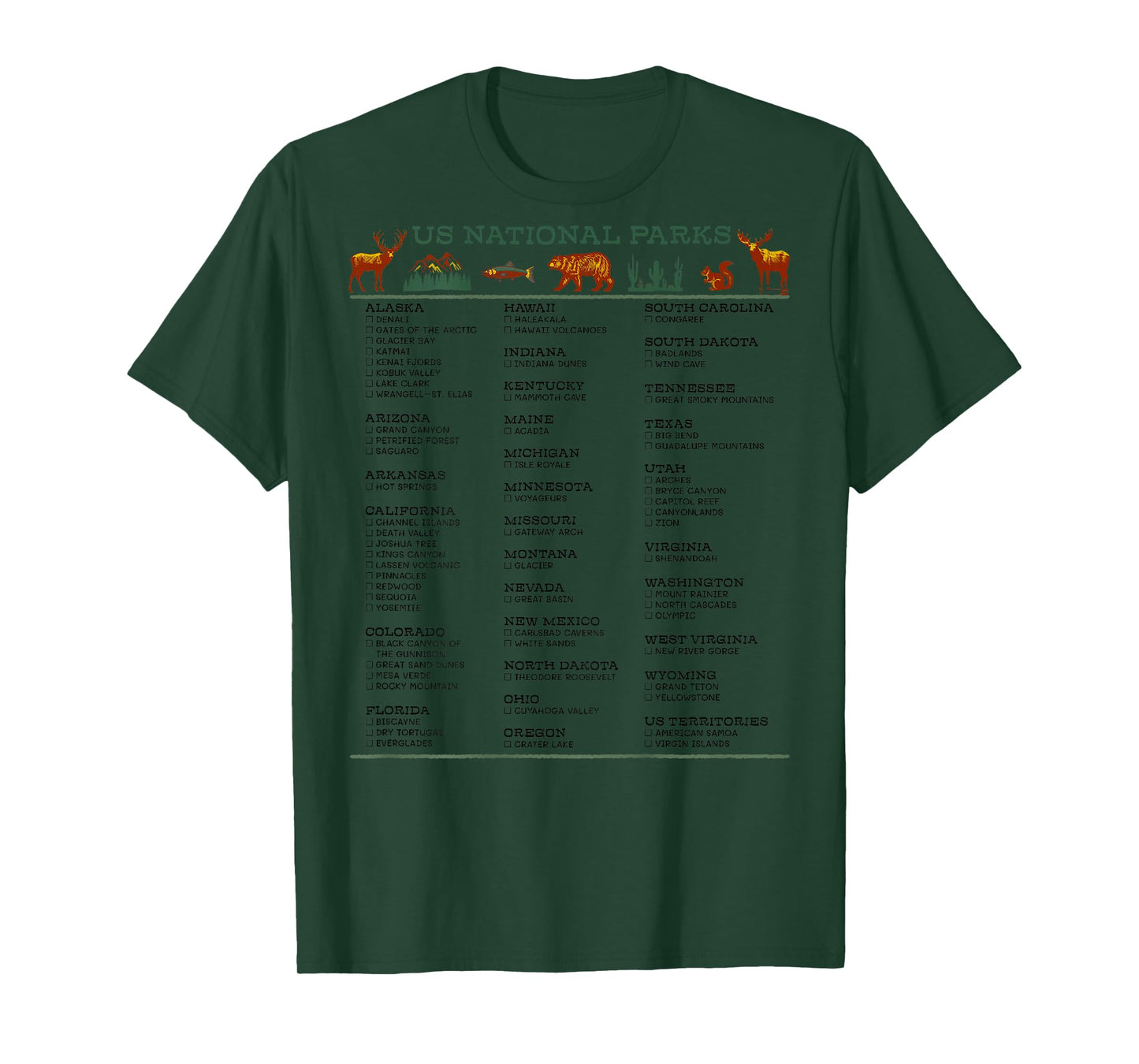 US National Parks Checklist List by State DESIGN ON BACK T-Shirt