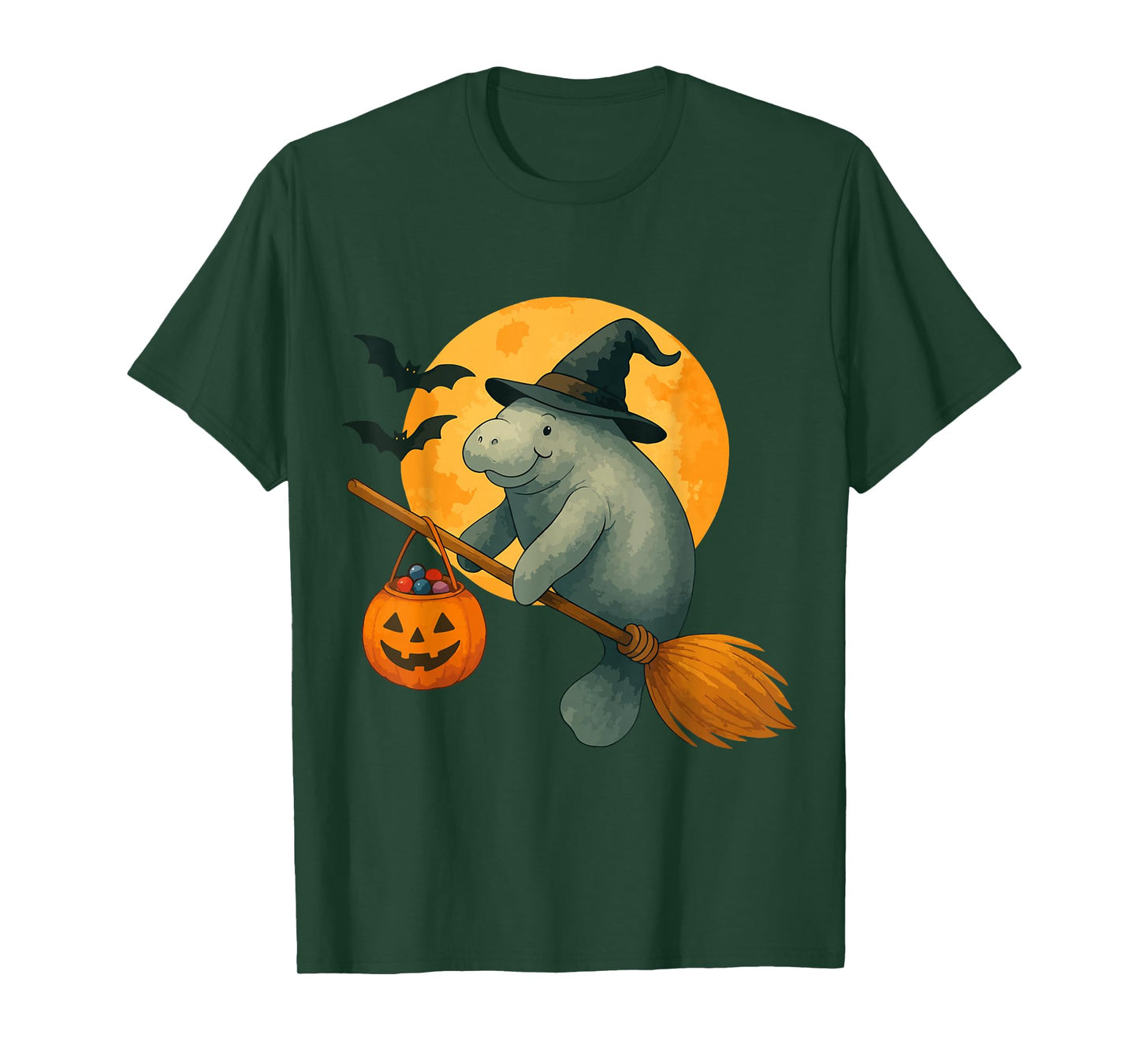 Spooky Halloween Manatee Witch Broom Pumpkin Moon Scary Fan T-Shirt
