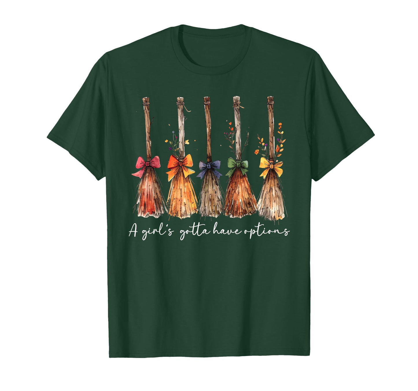 A Girl Gotta Have Options Halloween Witches Bow Floral Broom T-Shirt
