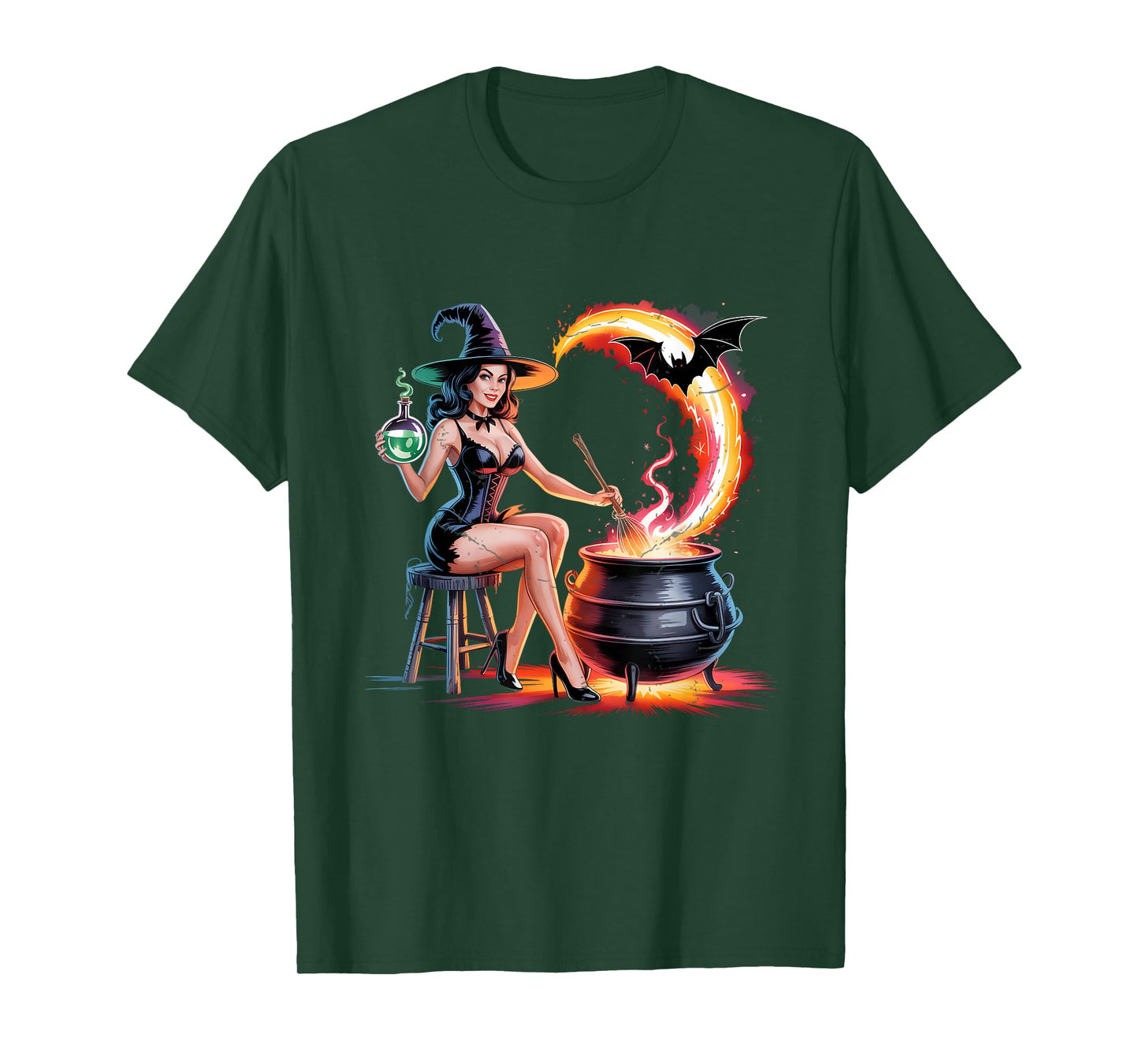 Halloween Witch Pin Up Sitting On Stool Stirring Cauldron T-Shirt