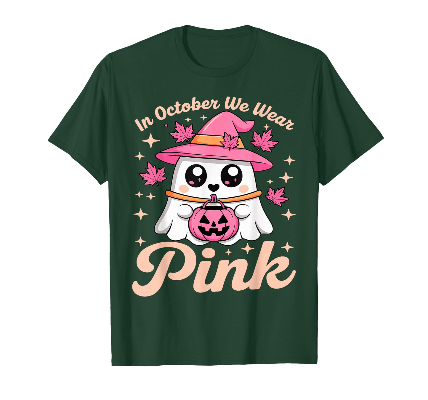 in October We Wear Pink Breast Cancer Awareness Witch Ghost T-Shirt