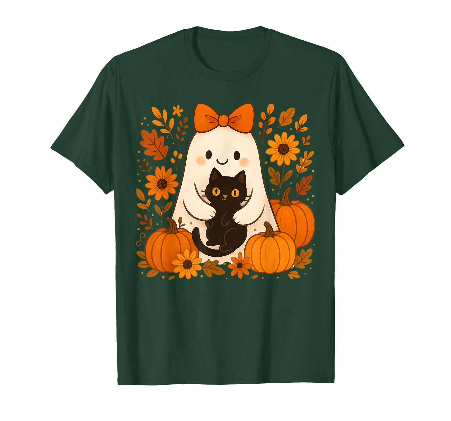 Vintage Halloween Ghost Holding Black Cat Groovy Floral T-Shirt