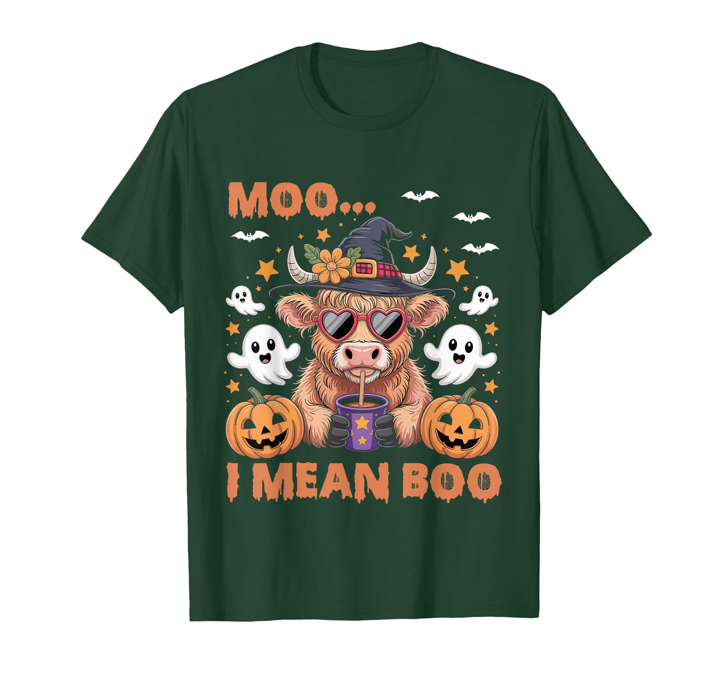 Moo I Mean Boo Witch Highland Cow Halloween Costume T-Shirt
