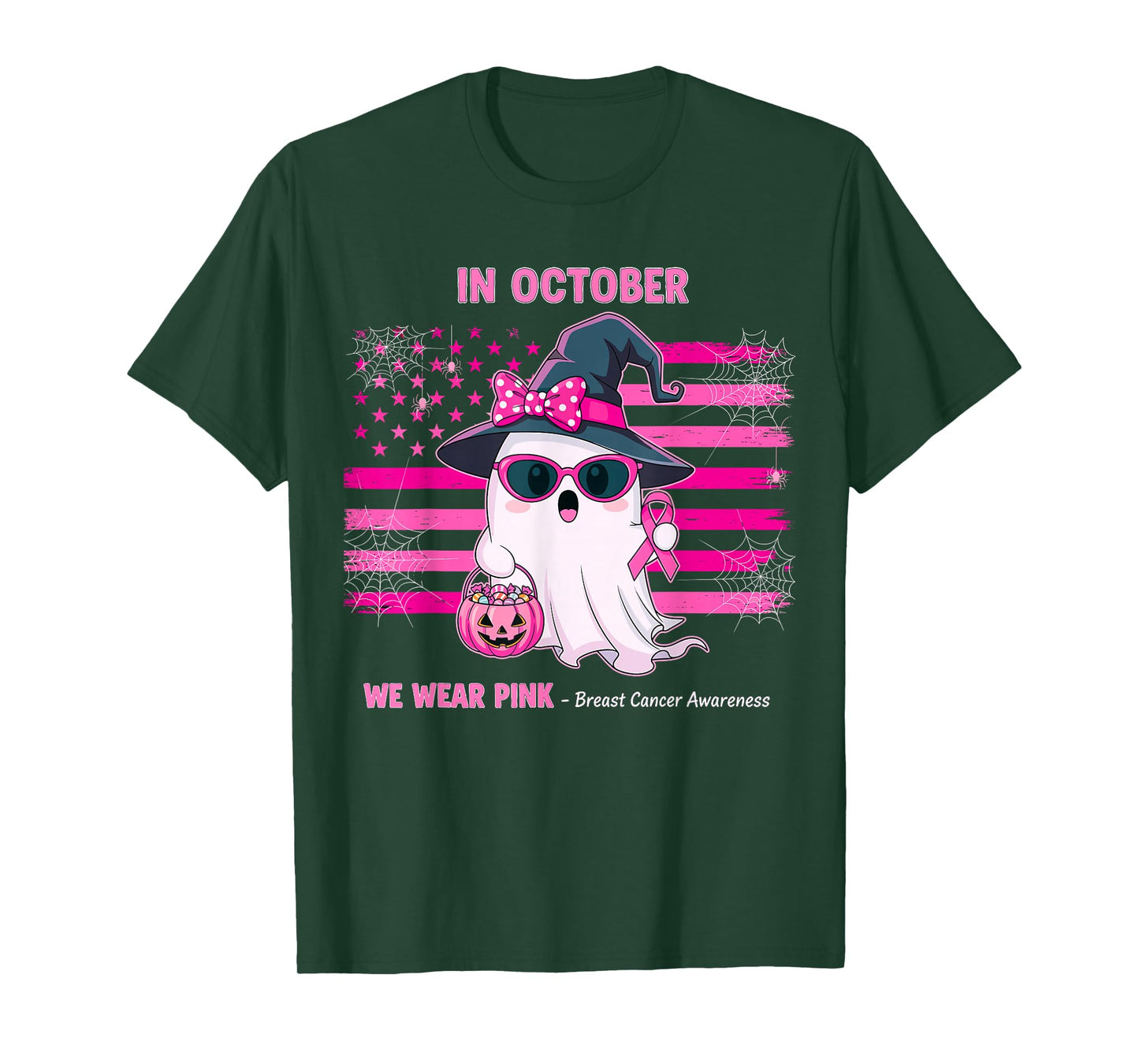 in October We Wear Pink Ghost Witch Breast Cancer Awareness T-Shirt
