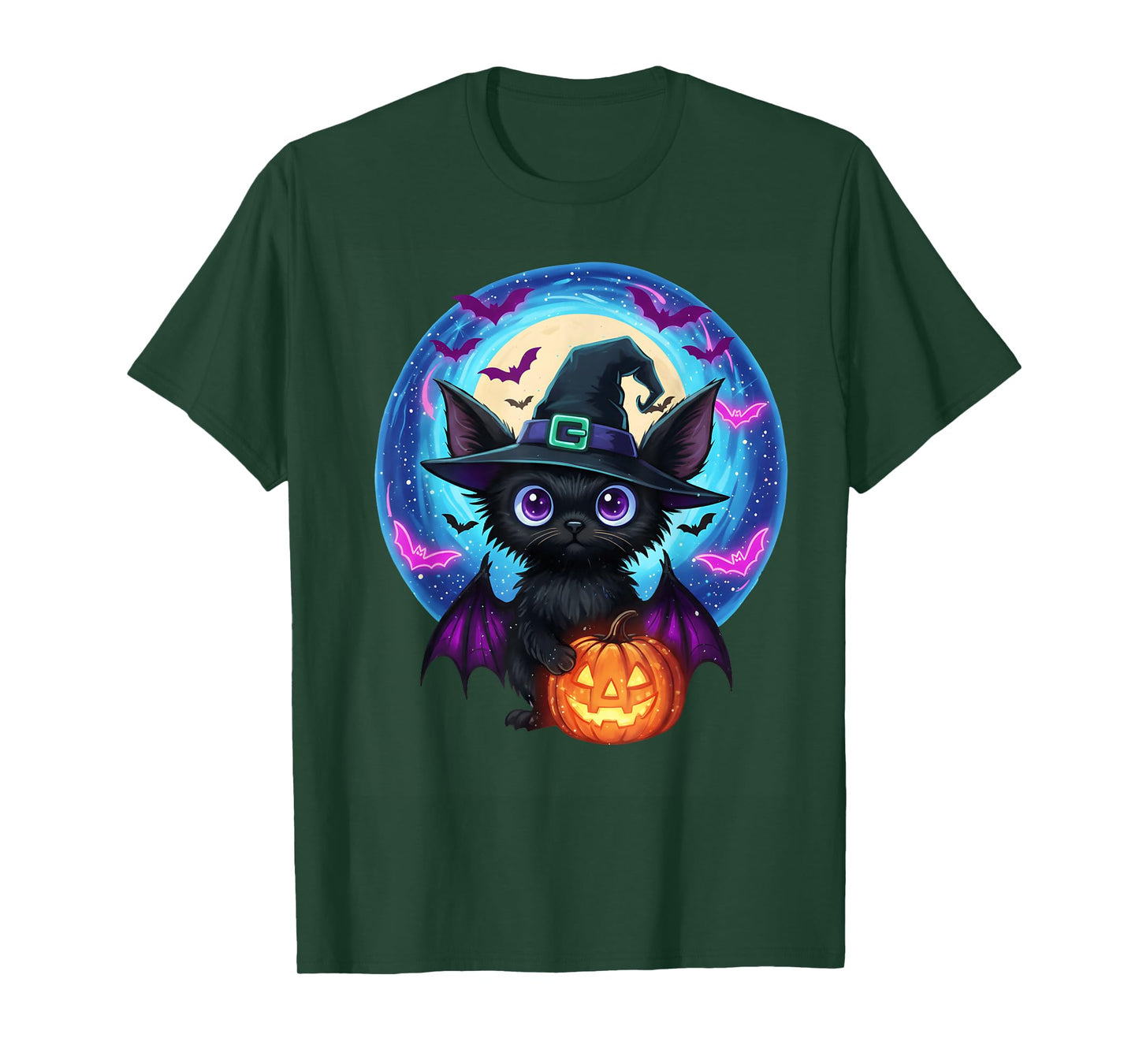 Cute bat Halloween Graphic Wearing Witch Hat with and Bats T-Shirt