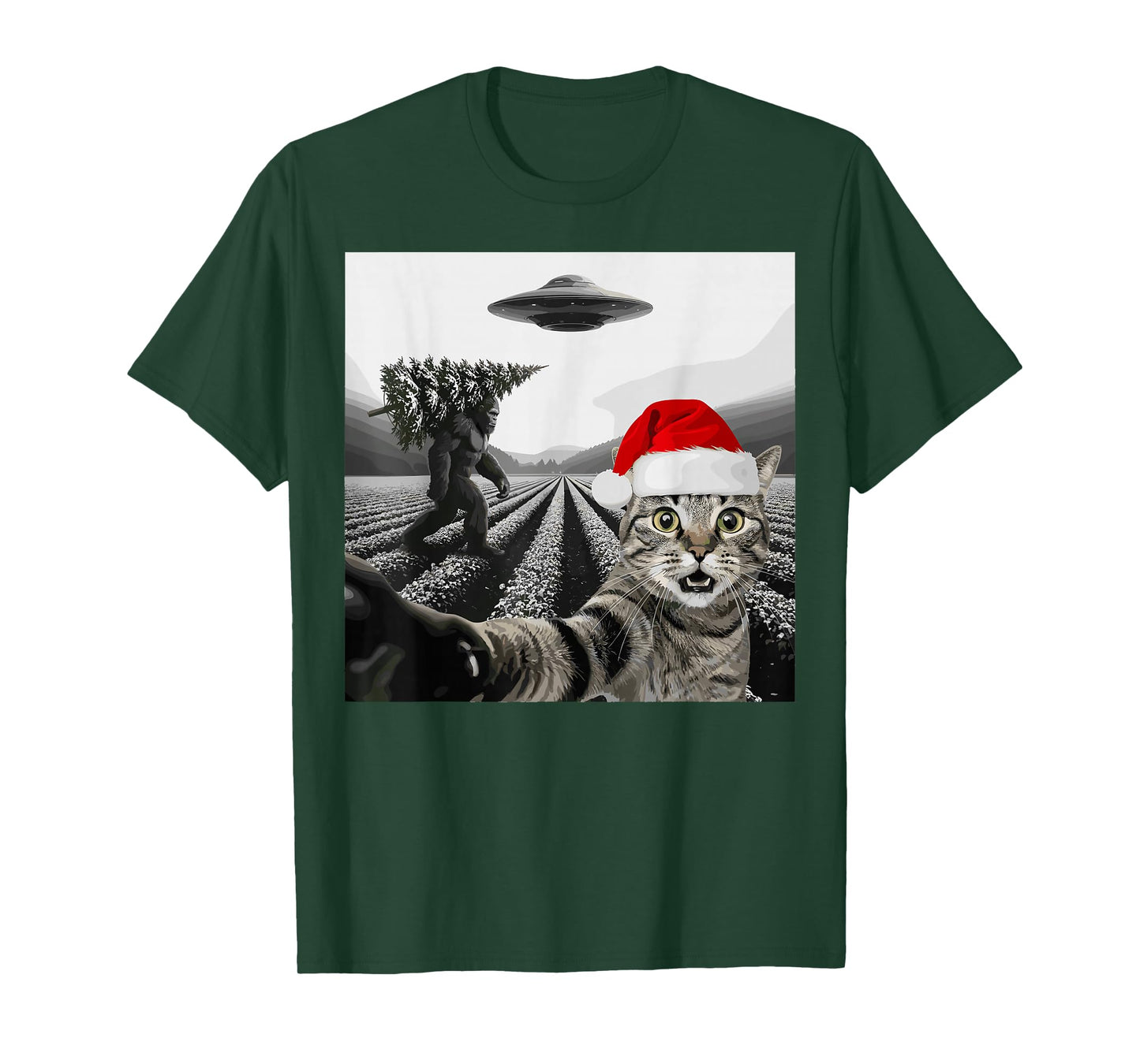 Christmas Cat Selfie Bigfoot UFO Holiday Scene T-Shirt