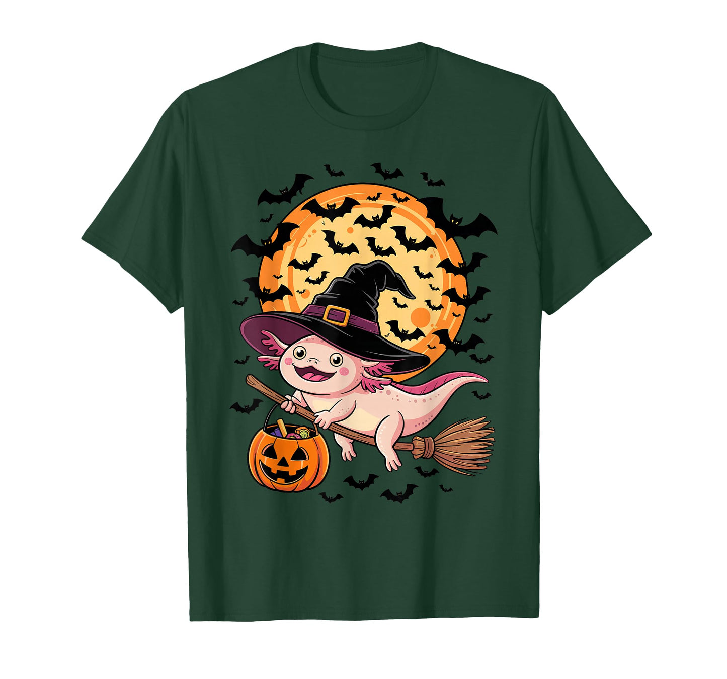 Halloween Axolotl Witch Hat and Broom Pumpkin Candy Bucket T-Shirt
