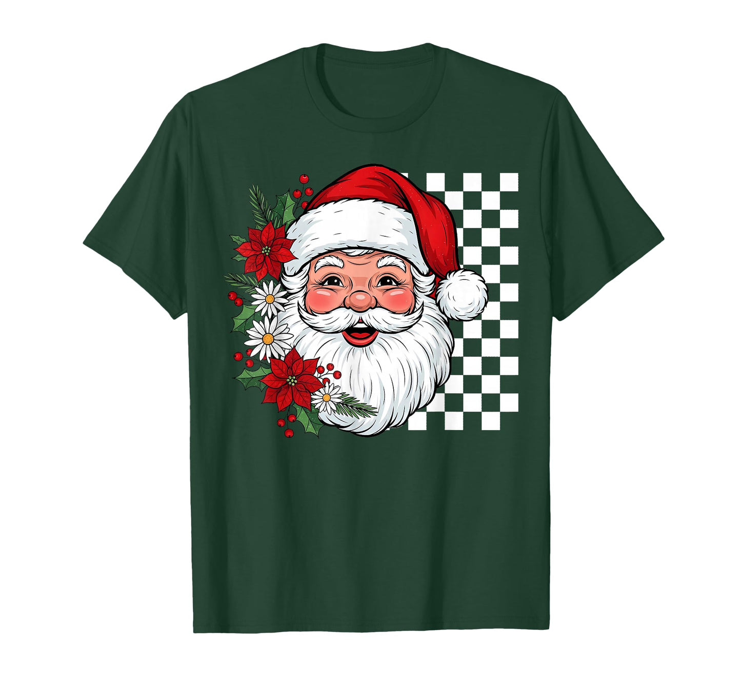 Vintage Santa Checkerboard Retro Floral Christmas Men Woman T-Shirt