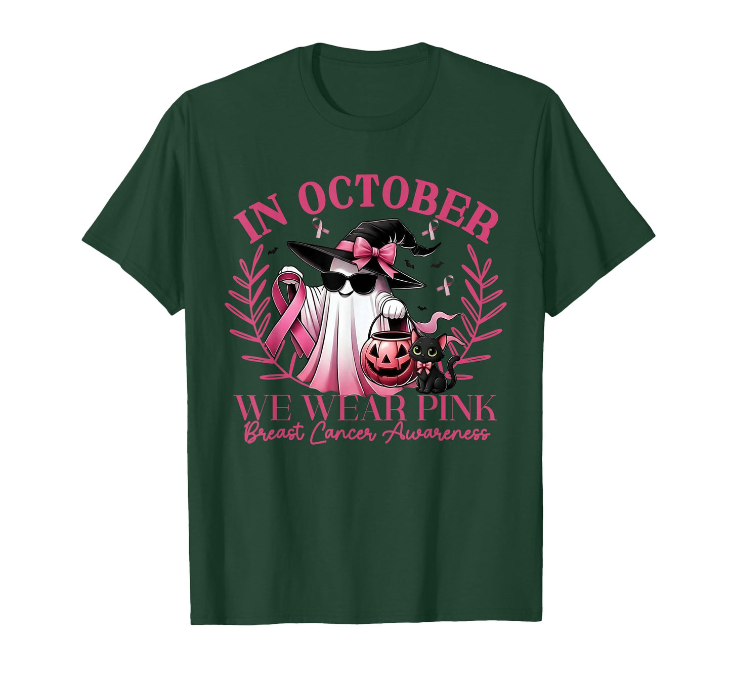 in October We Wear Pink Breast Cancer Awareness Ghost Cat T-Shirt