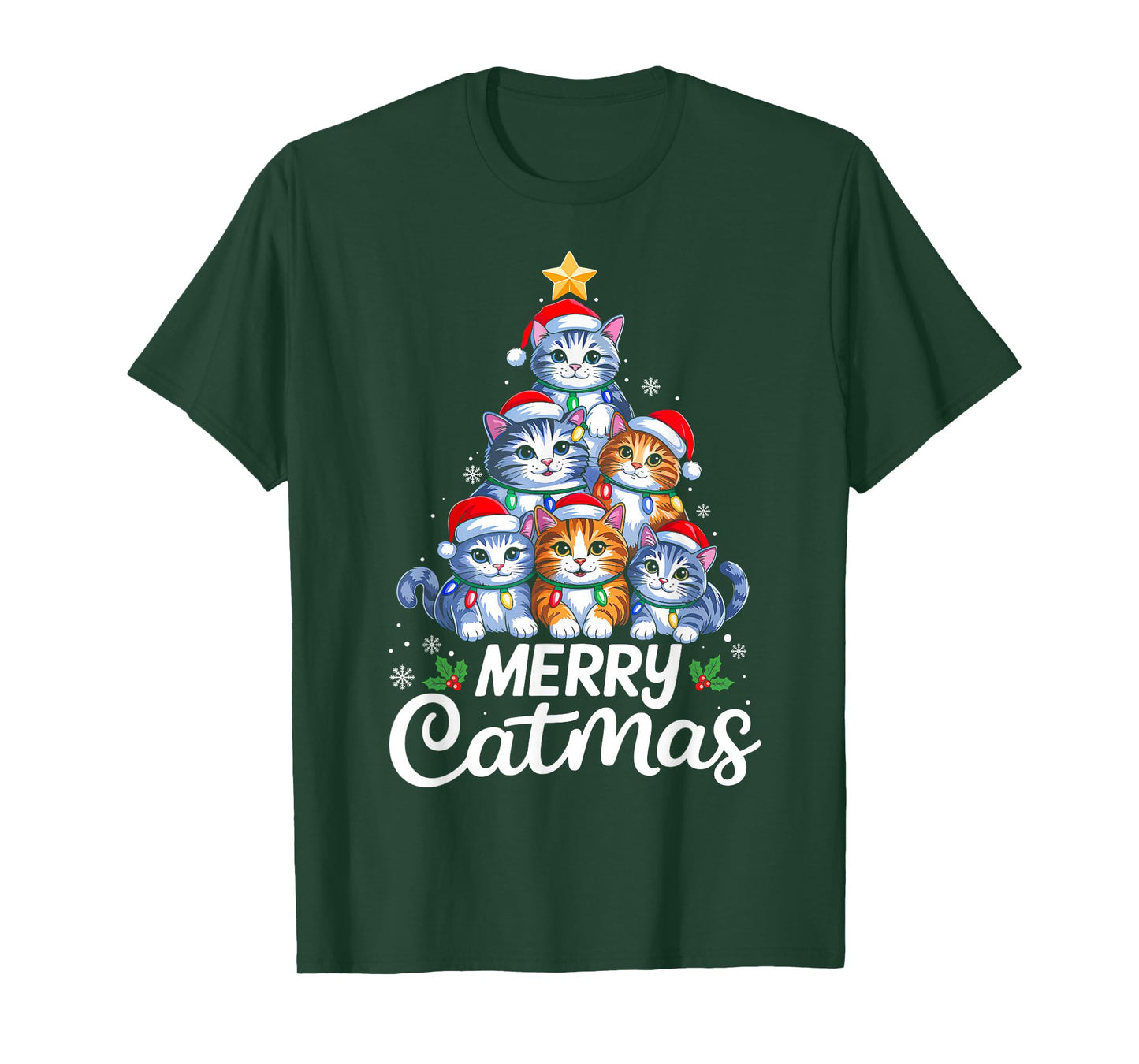 Merry Catmas Christmas Tree Lights Cat Kitten Santa Hat Xmas T-Shirt