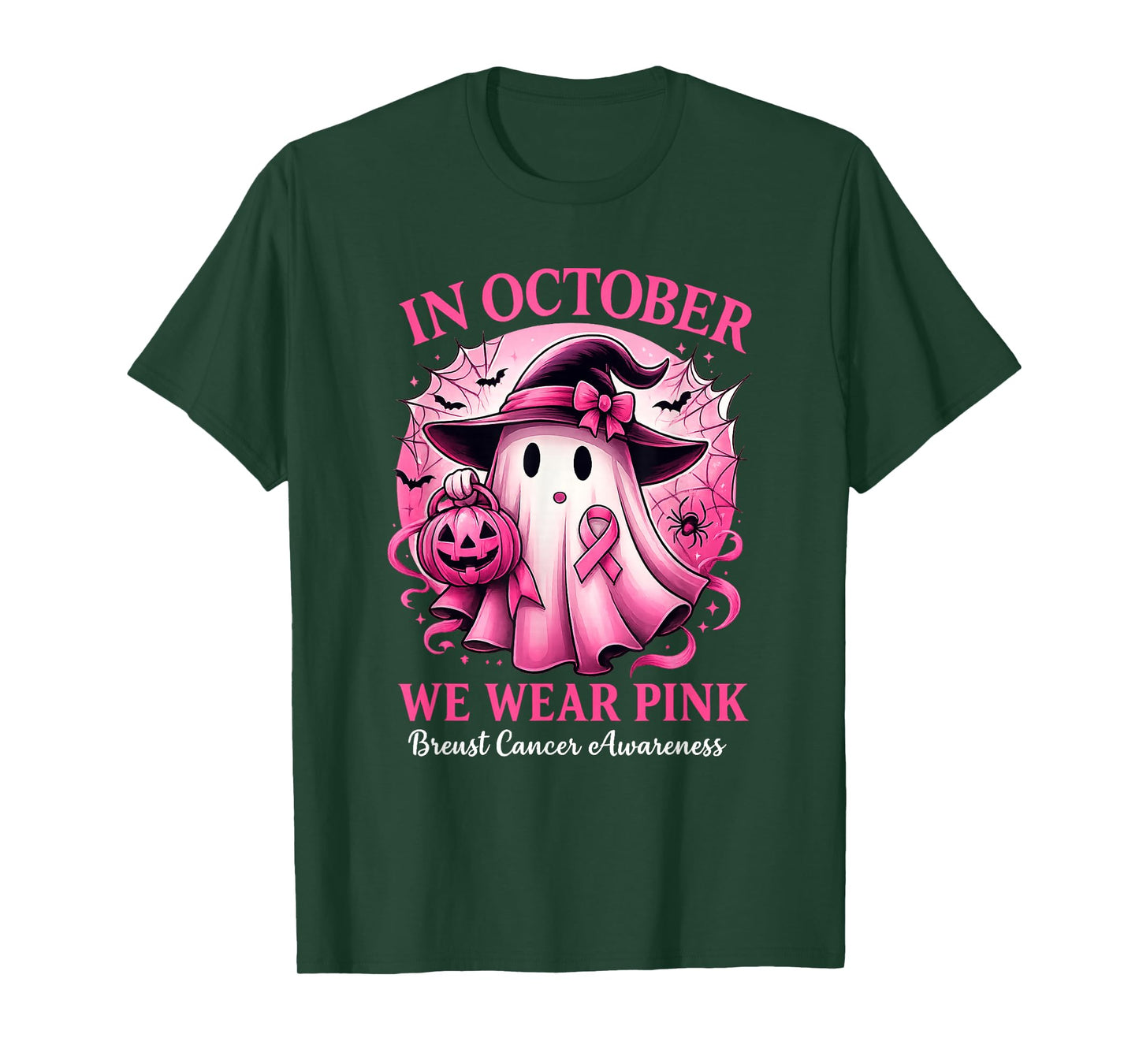 in October We Wear Pink Ghost Witch Breast Cancer Awareness T-Shirt