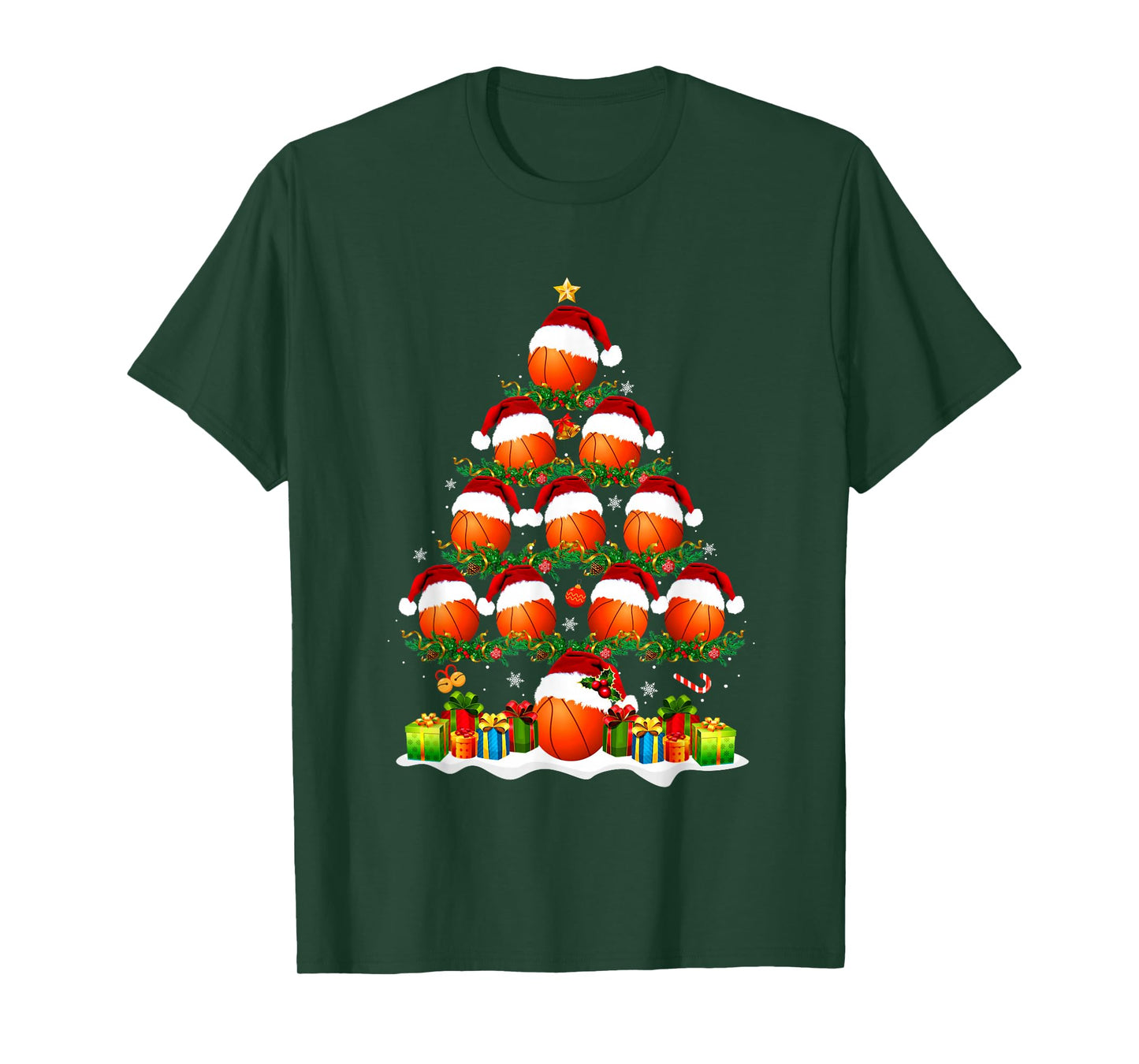 Basketball Christmas Tree Lights Funny Xmas Men Boys Kids T-Shirt