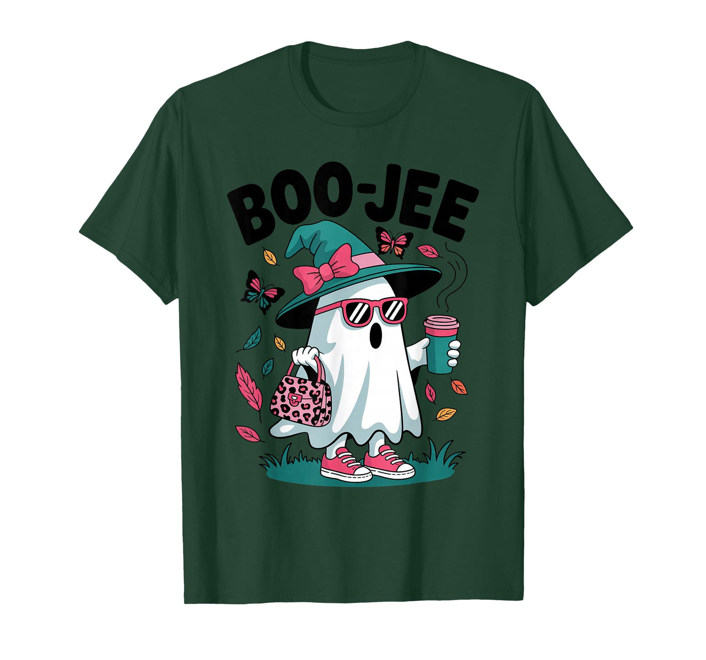 Boo-JEE Ghost Coffee Lover Leopard Print Halloween Witch Hat T-Shirt