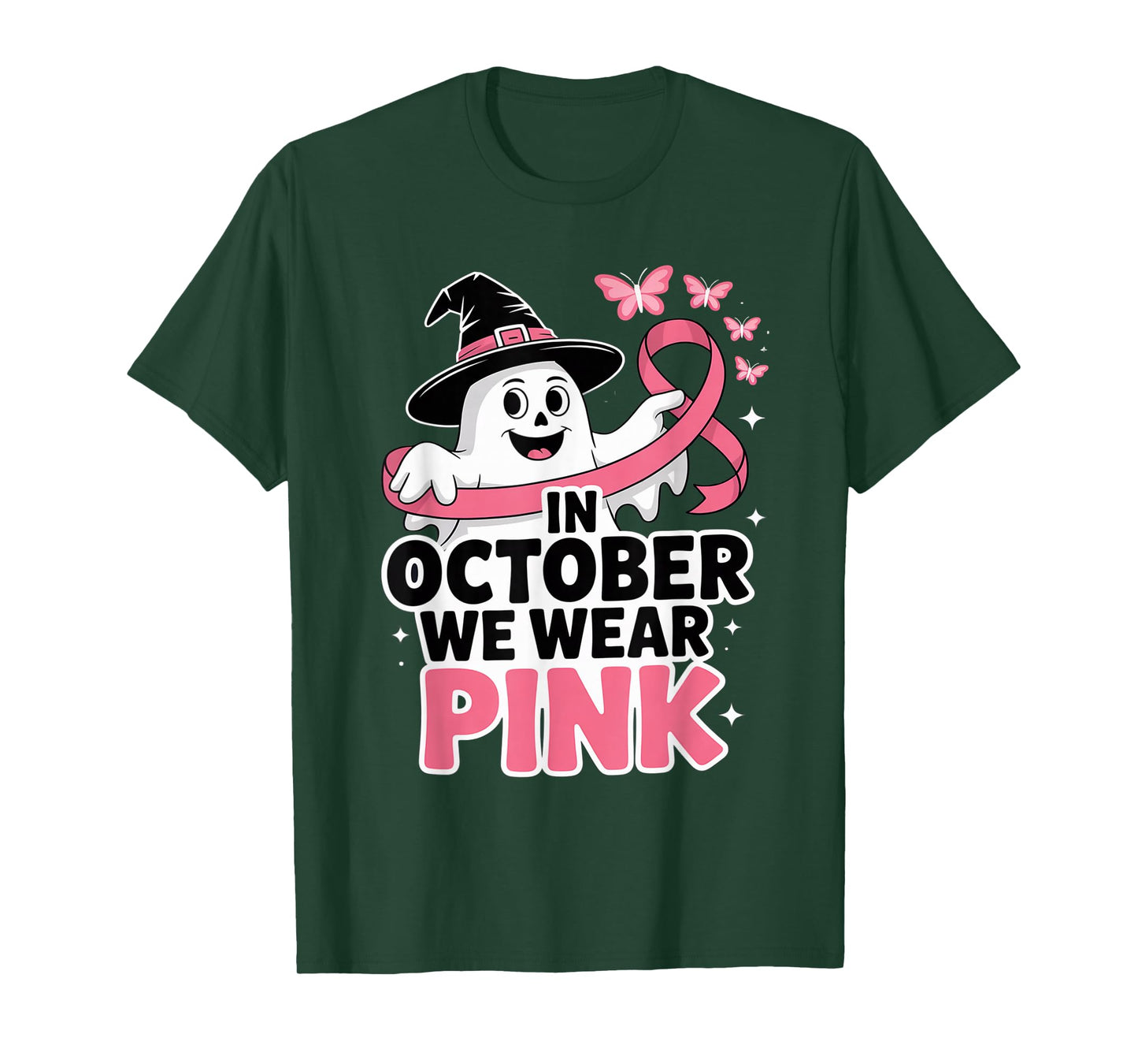 in October We Wear Pink Ghost Witch Breast Cancer Awareness T-Shirt