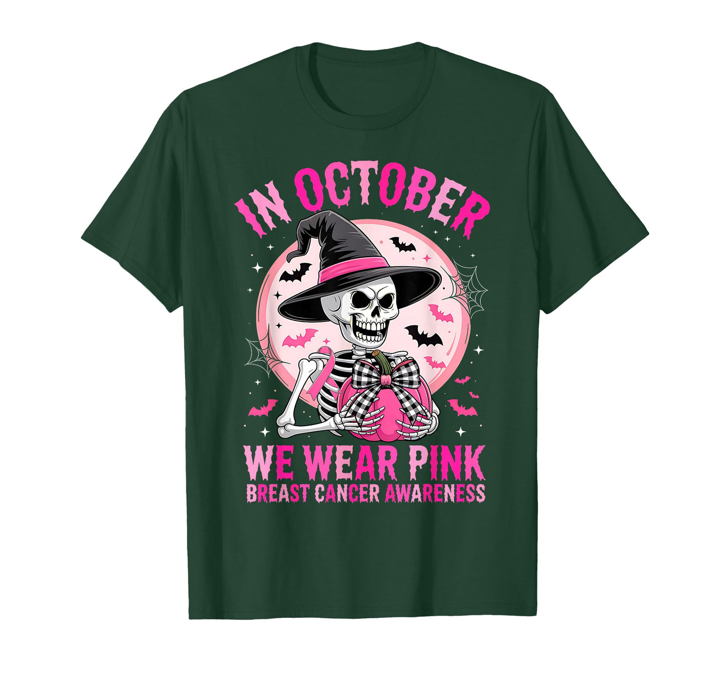 Halloween Breast Cancer Awareness Spooky Skeleton Witch T-Shirt