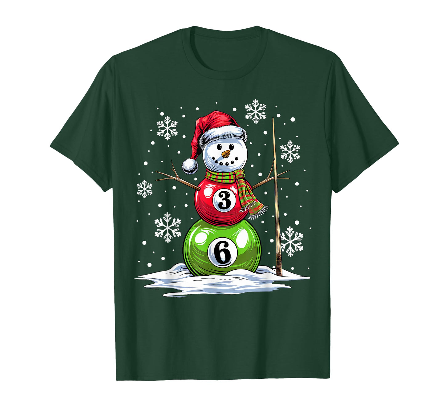 Pool Game Balls Snowman Billiards Player Funny Christmas T-Shirt