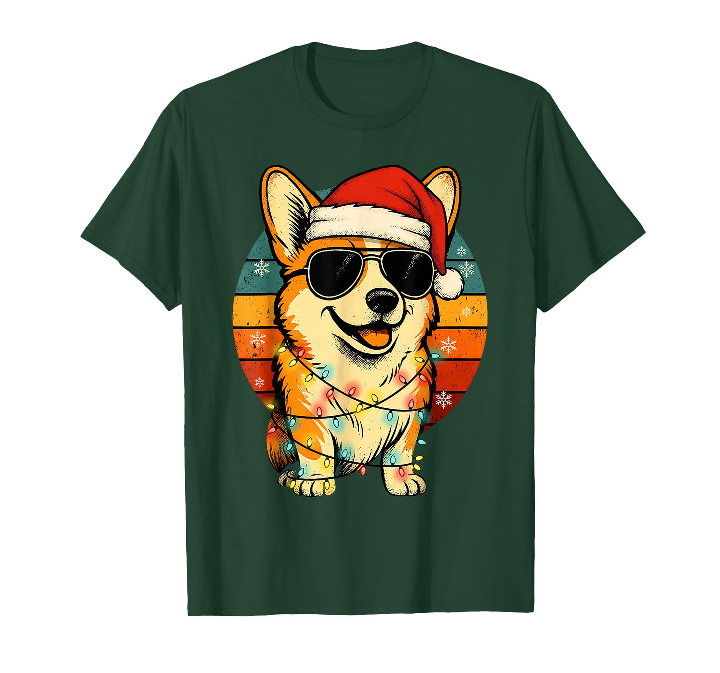 Retro Corgi in Santa Hat Christmas Lights Funny Corgi Xmas T-Shirt