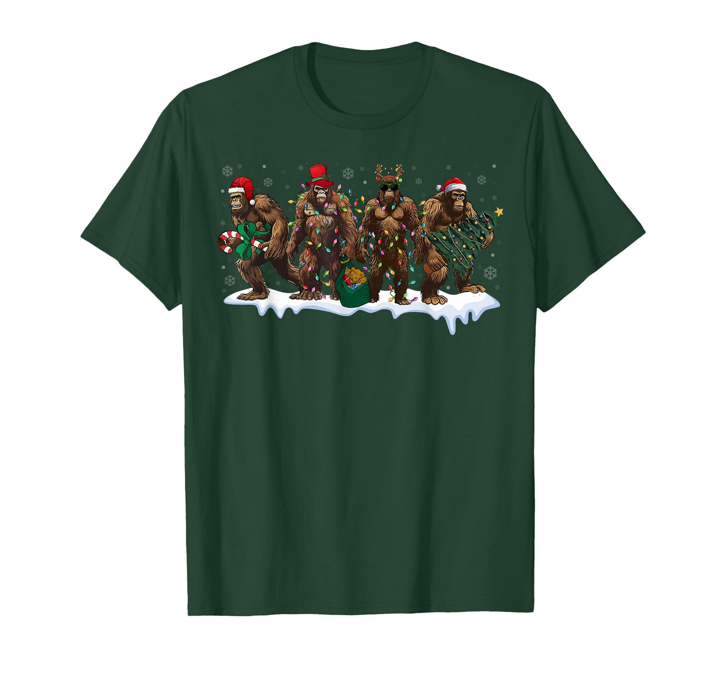 Funny Bigfoot Santa Hat Lights Christmas Sasquatch Pajamas T-Shirt