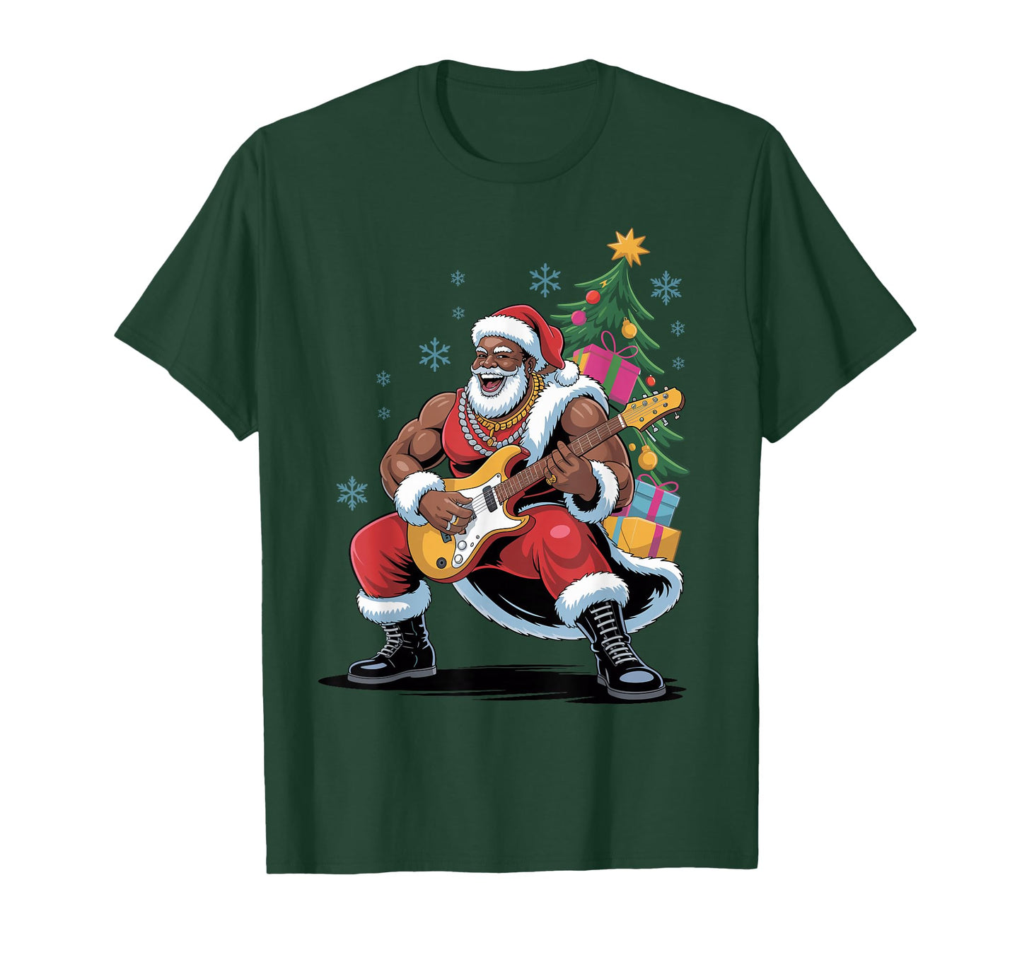Afro Santa Playing Guitar African American Christmas Holiday T-Shirt