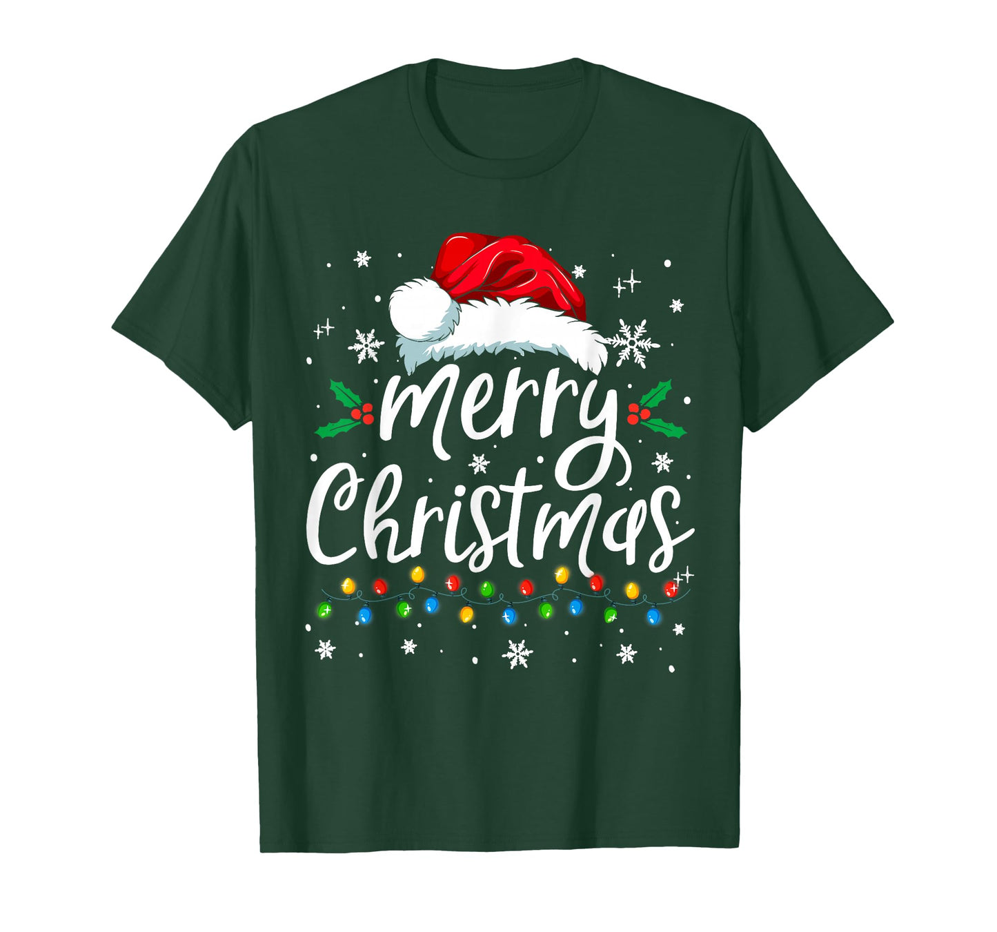 Merry Christmas Lights Red Santa Hat Xmas Family Matching T-Shirt