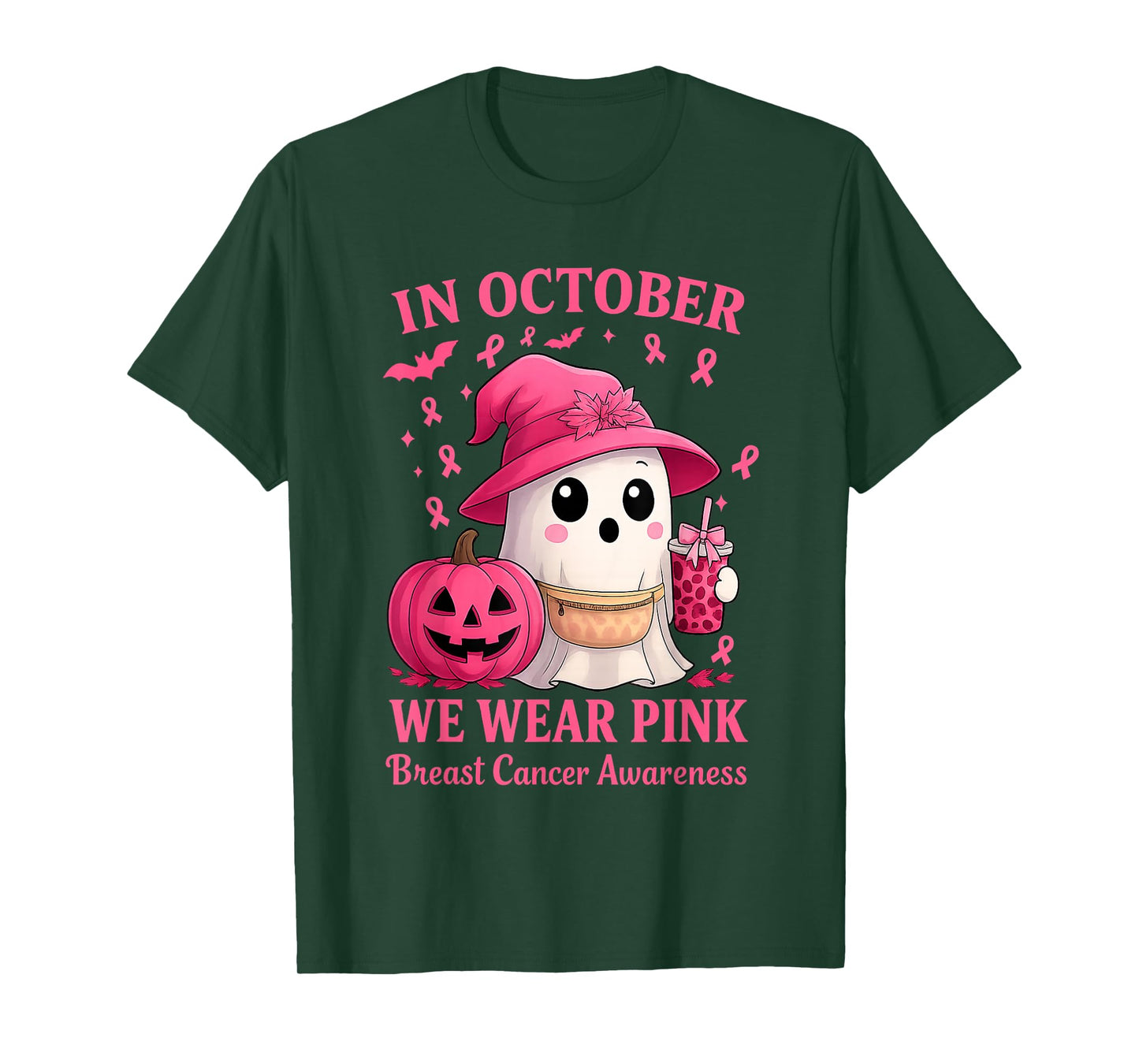Breast Cancer Halloween in October We Wear Pink Ghost Witch T-Shirt