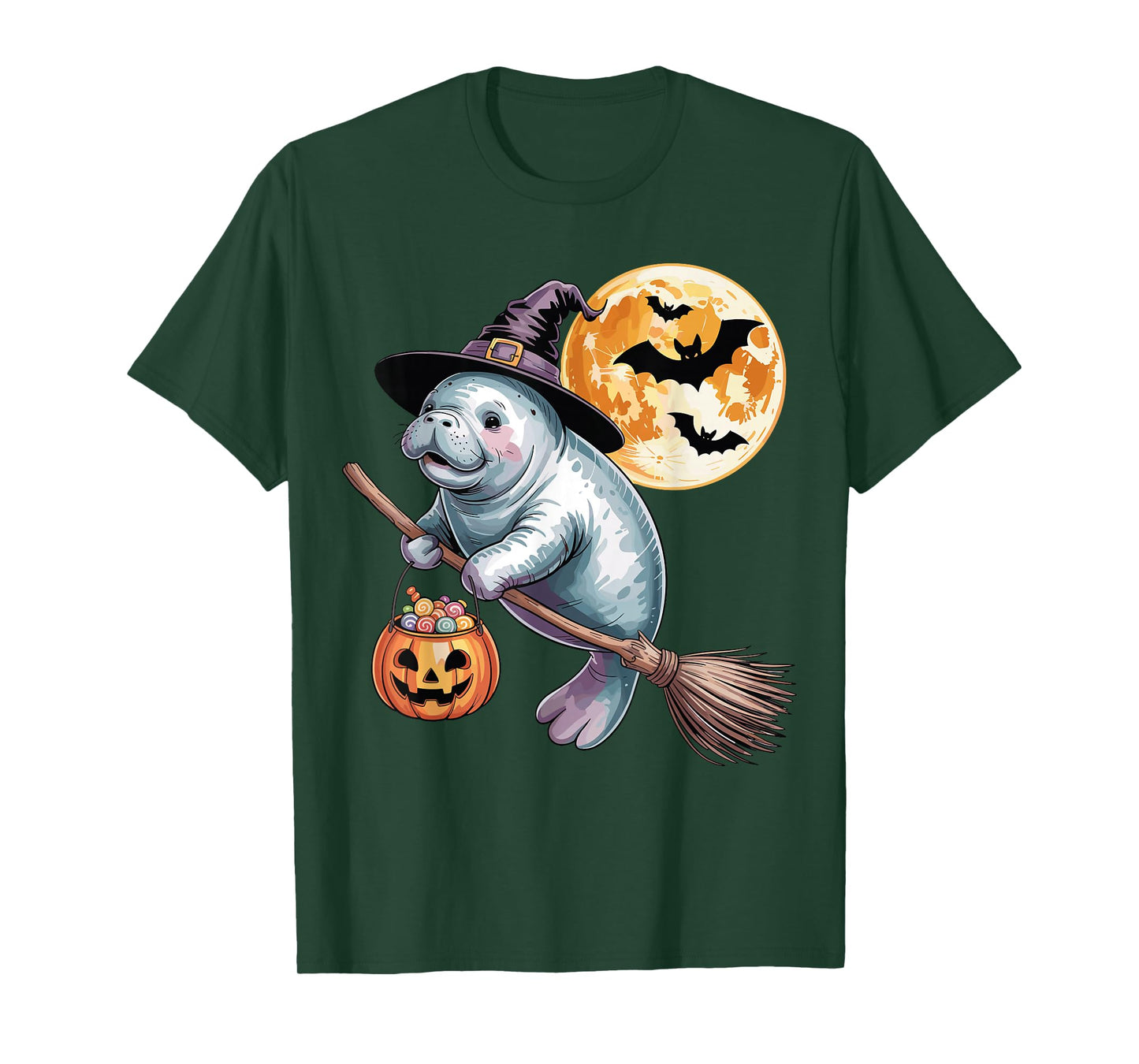 Witch Hat Manatee Riding Broomstick Halloween Pumpkin Candy T-Shirt