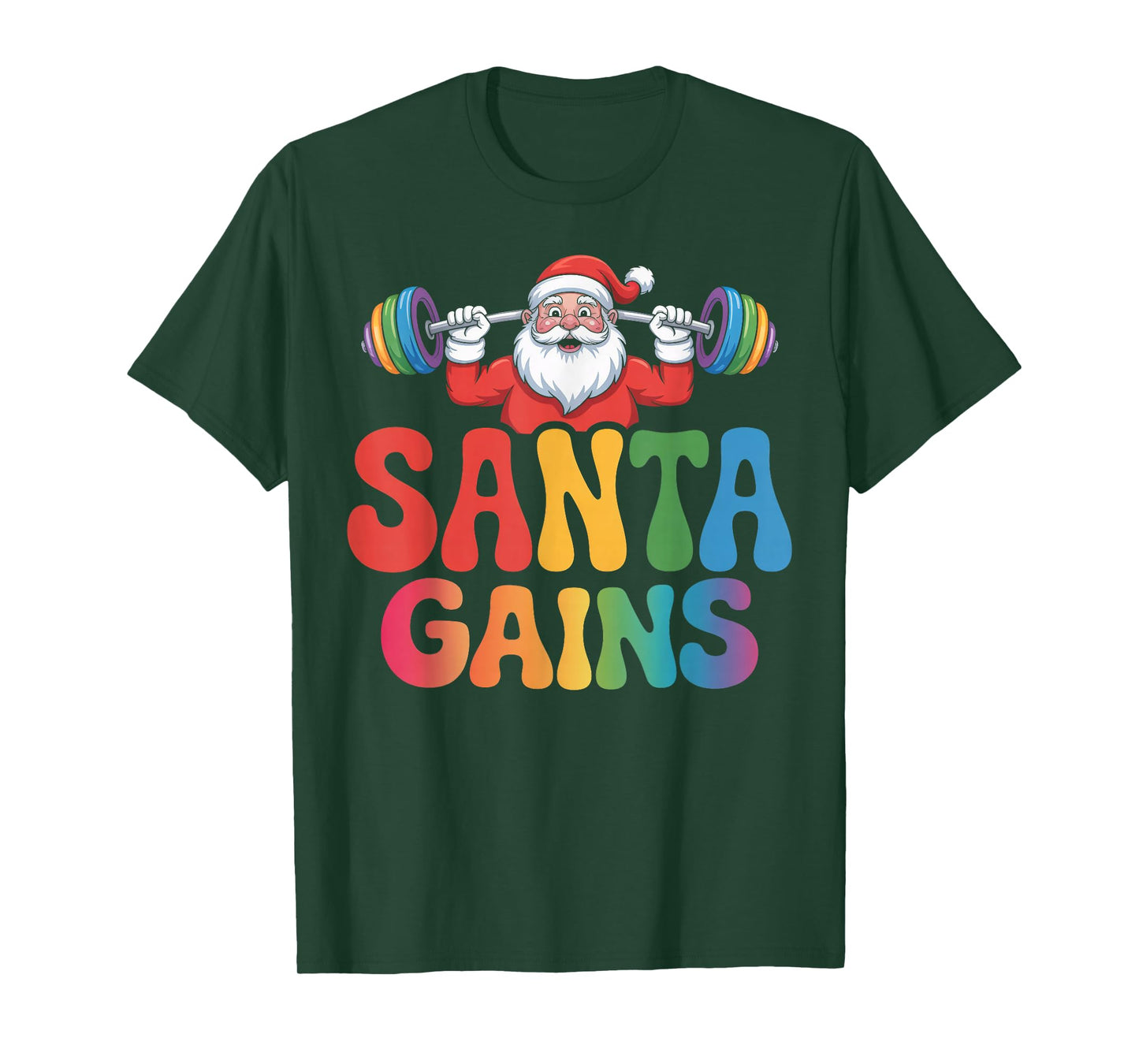 Santa Gains Festive Barbell Lifting Holiday Cheer Slogan T-Shirt