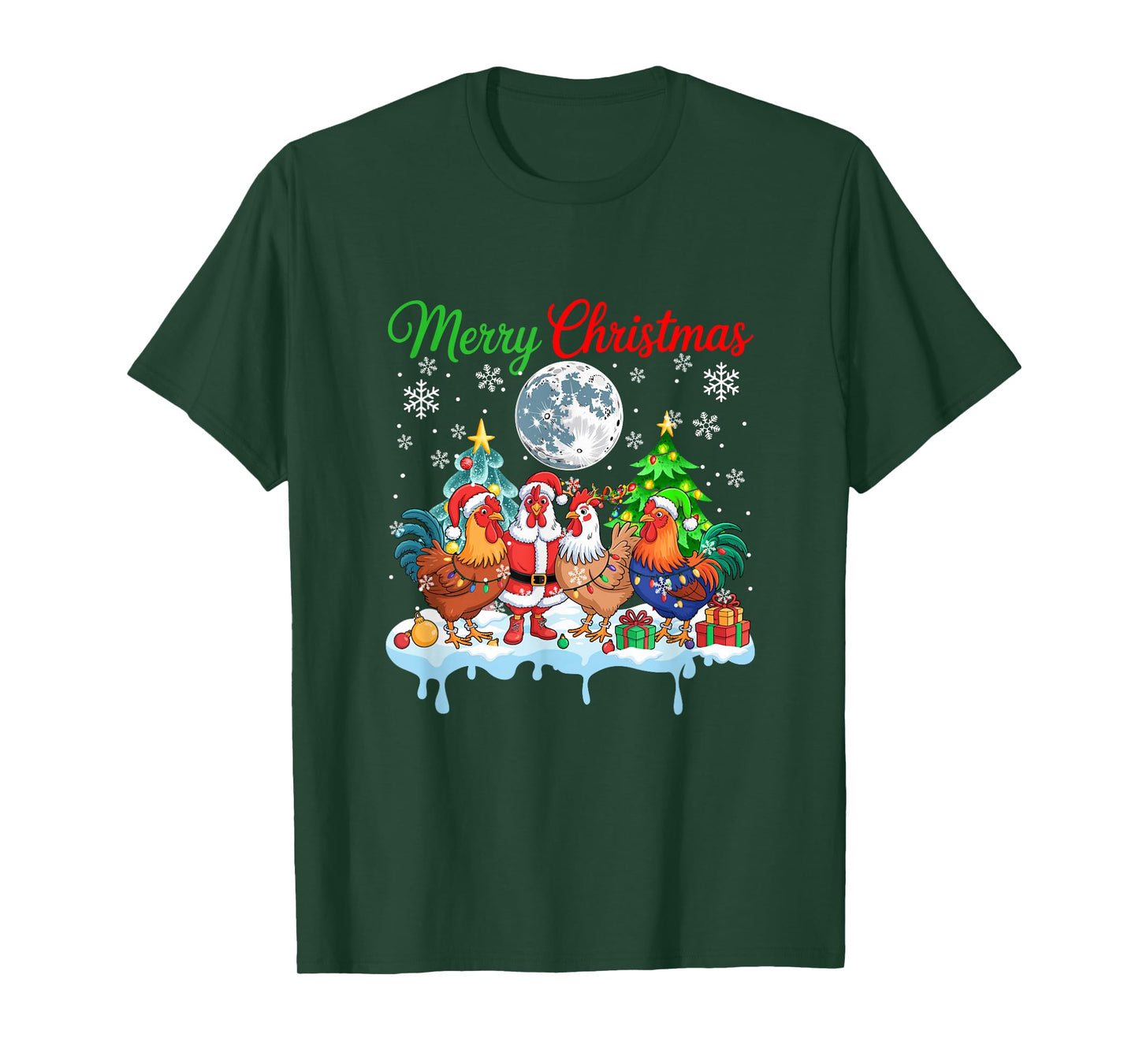 Merry Christmas Snow Group Santa Elf Reindeer Chickens Farm T-Shirt