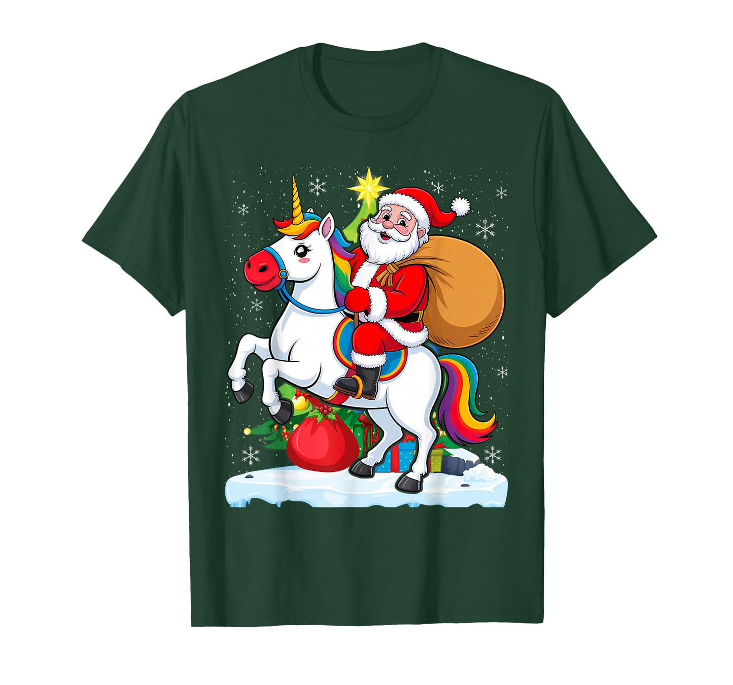 Santa Riding Unicorn Christmas Lights Merry Tree T-Shirt