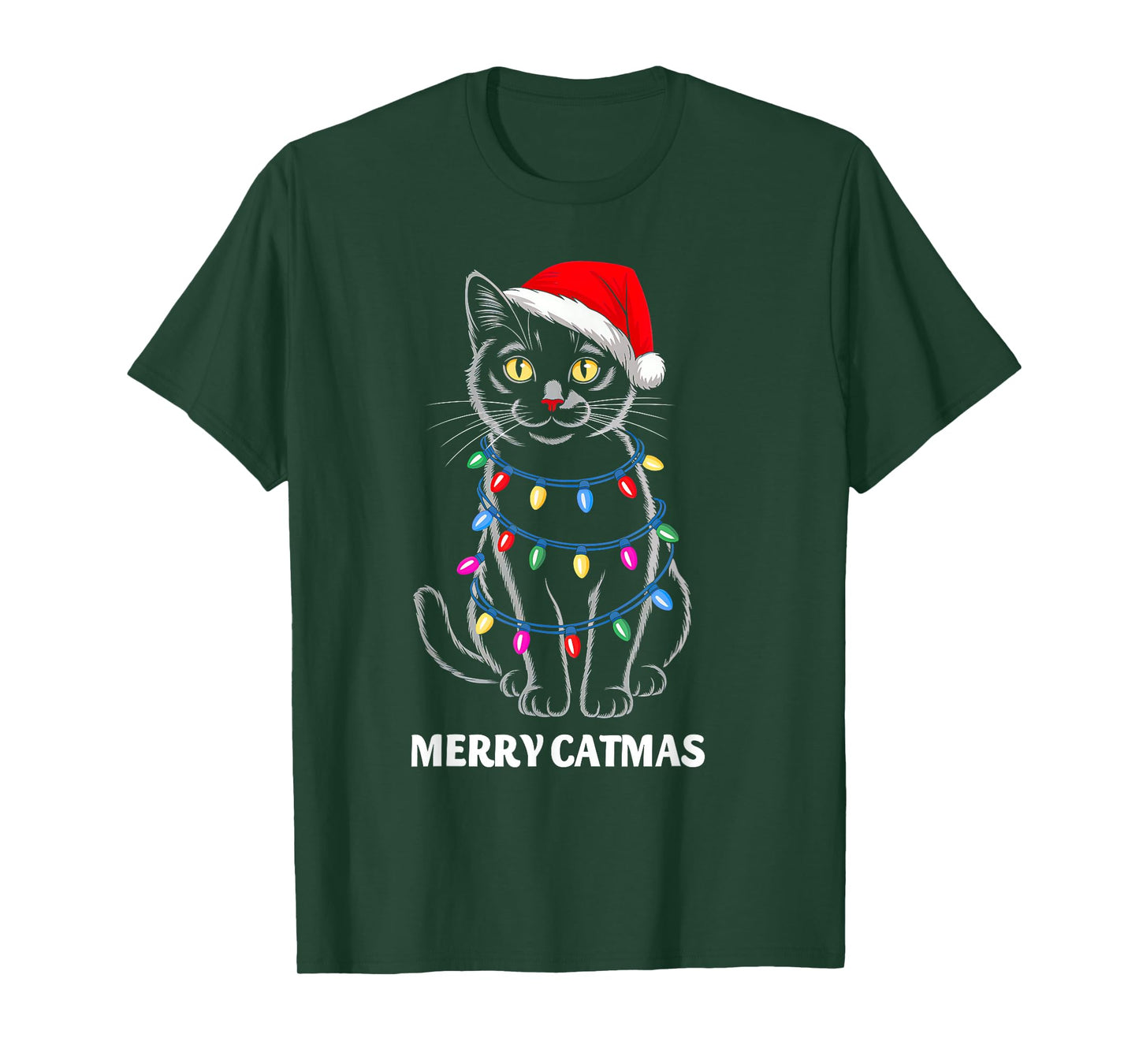 Merry Catmas Christmas Lights Black Cat Santa Xmas Pajamas T-Shirt