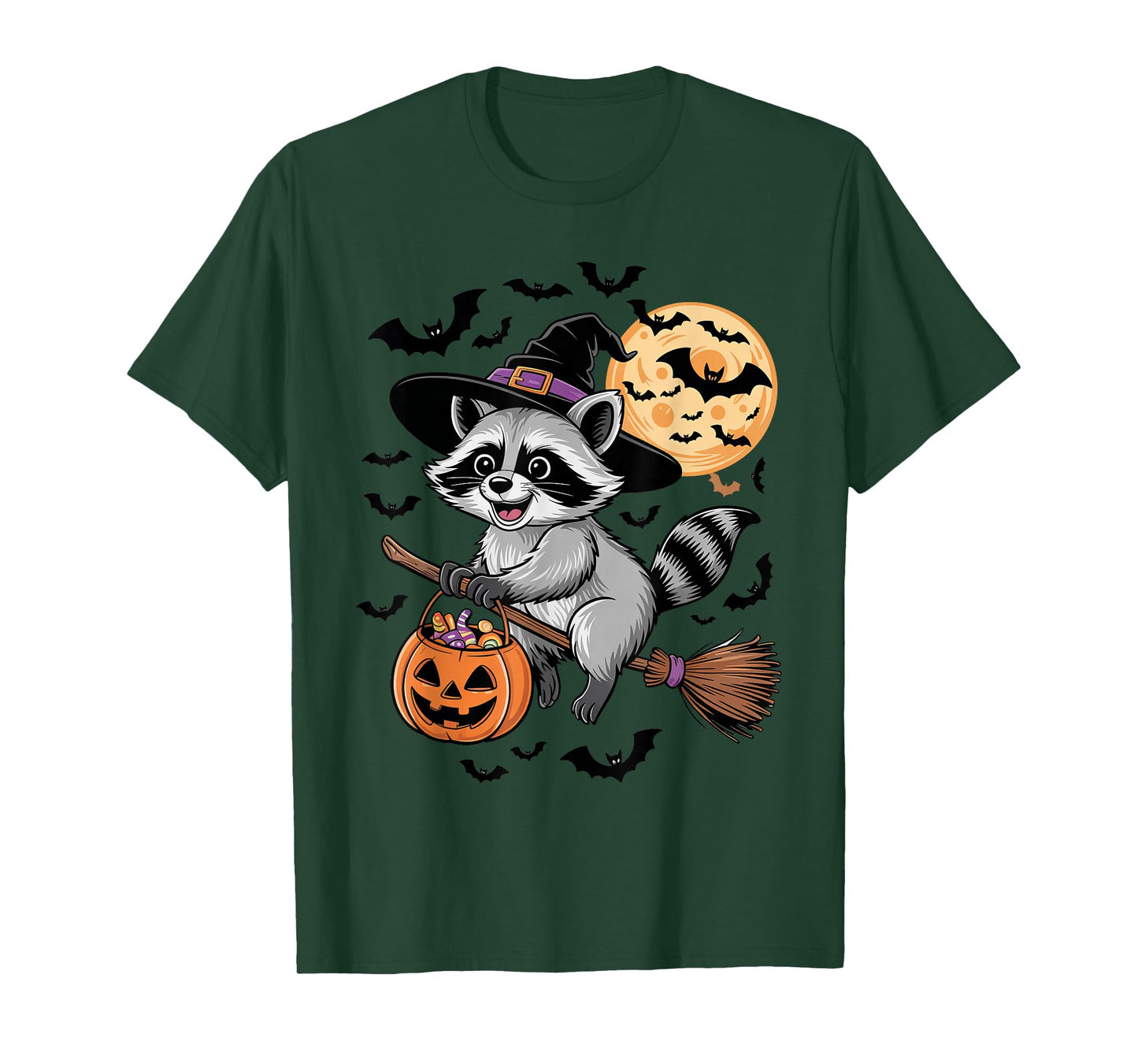 Cute Raccoon Halloween Witch Hat Jack-o-Lantern Candy Bucket T-Shirt