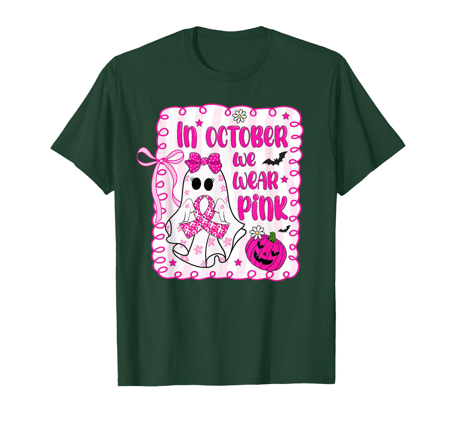 in October We Wear Pink Ghost Witch Breast Cancer Awareness T-Shirt