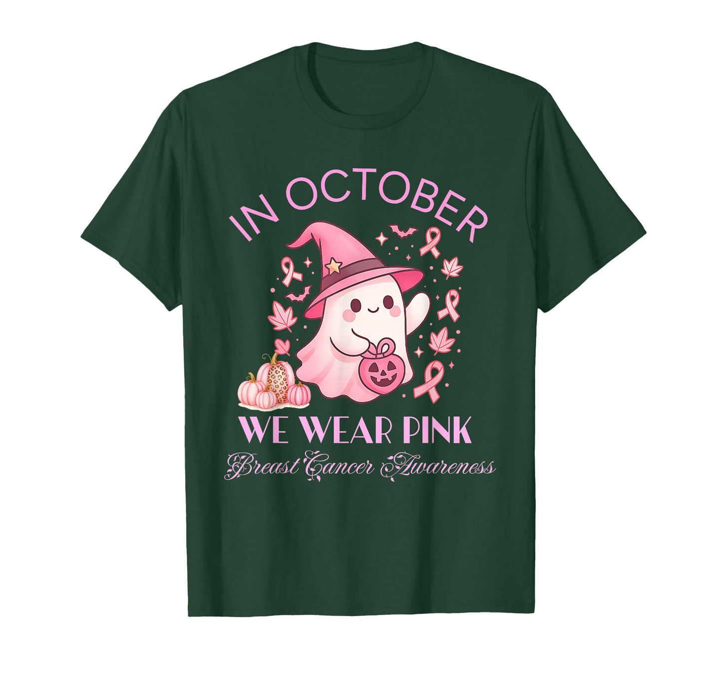 in October We Wear Pink Ghost Breast Cancer Awareness T-Shirt