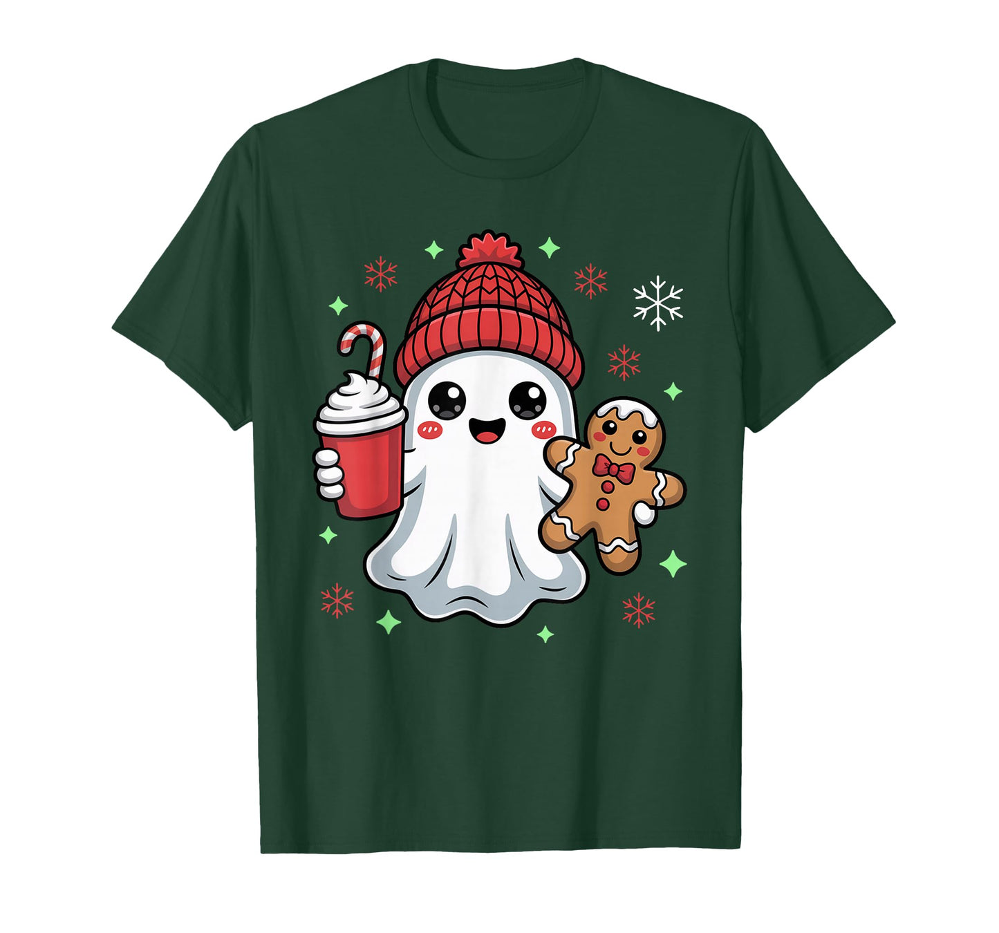 Retro Ghost Beanie Christmas Holiday Xmas Coffee Gingerbread T-Shirt