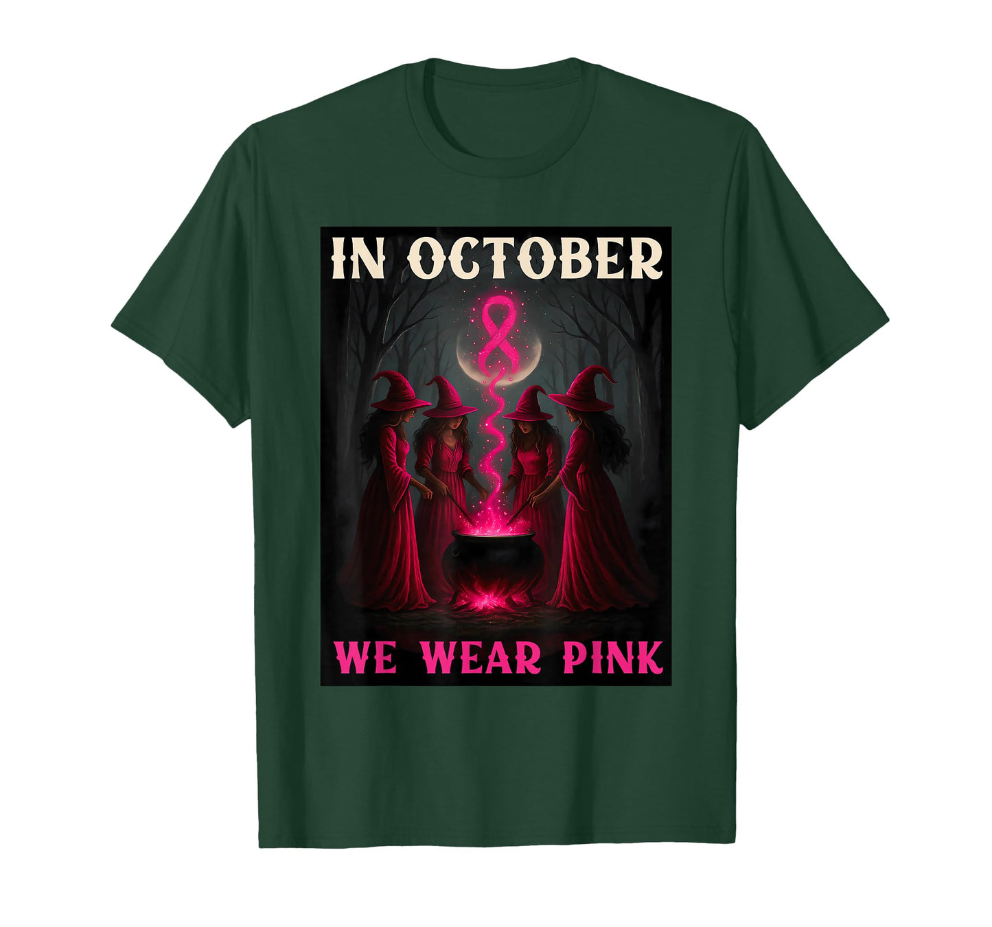 in October We Wear Pink Witch Breast Cancer Halloween Retro T-Shirt