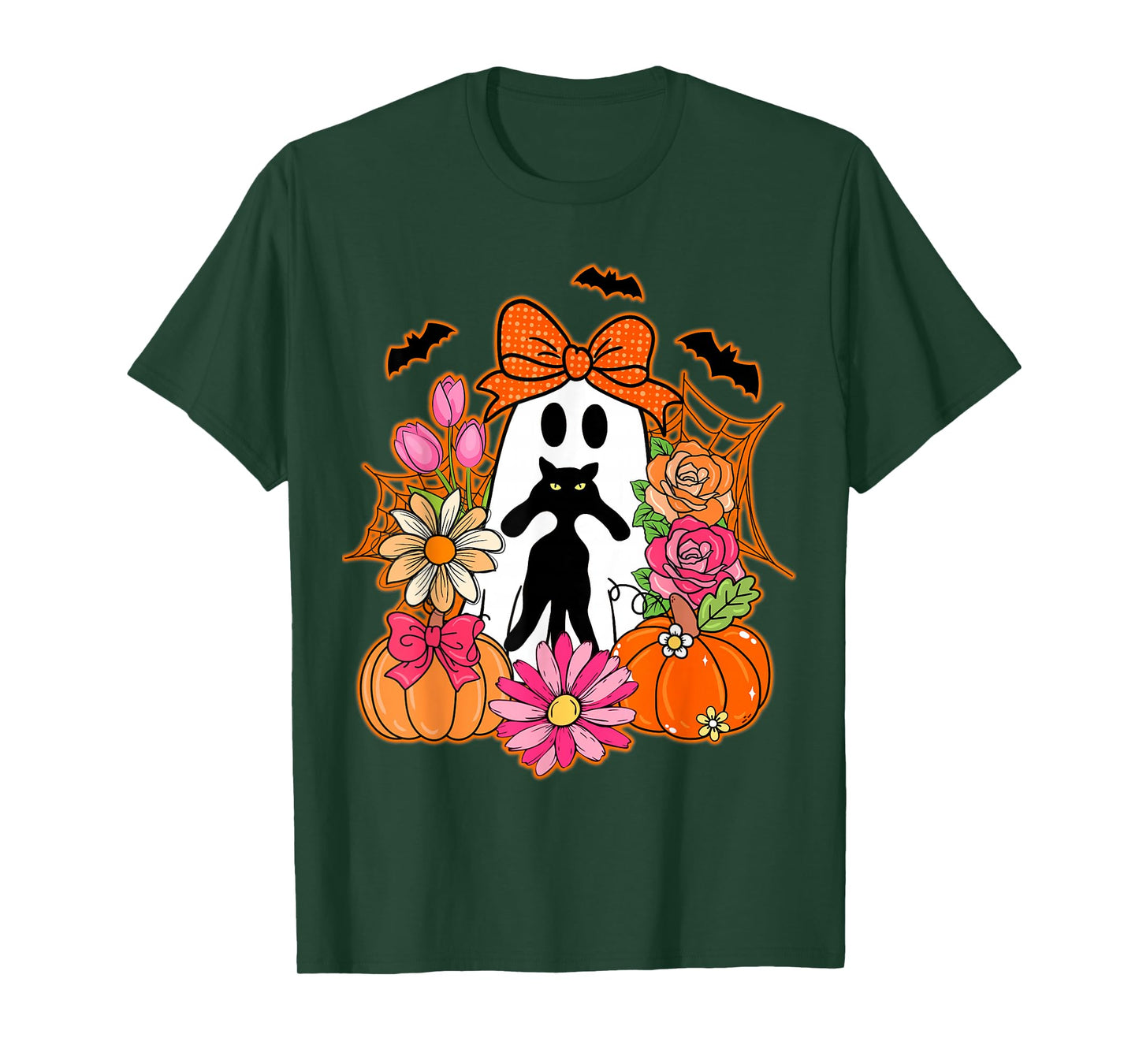 Halloween Ghost Holding Black Cat Groovy Floral T-Shirt