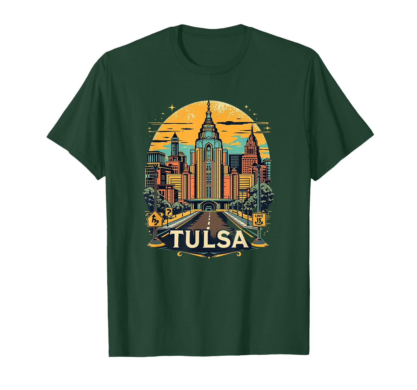 Vintage Tulsa Oklahoma Sunset Skyline Cityscape T-Shirt
