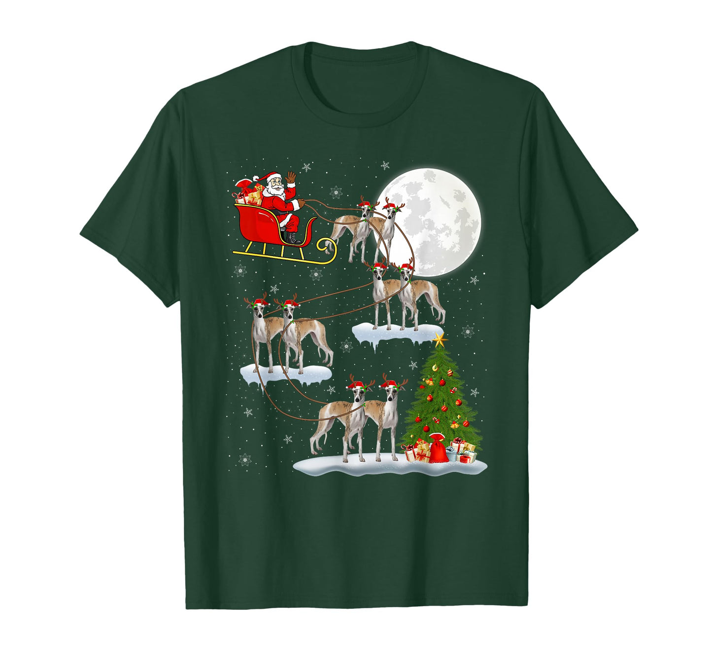 Whippet Dog Santa Sleigh Flying Funny Magical Christmas T-Shirt
