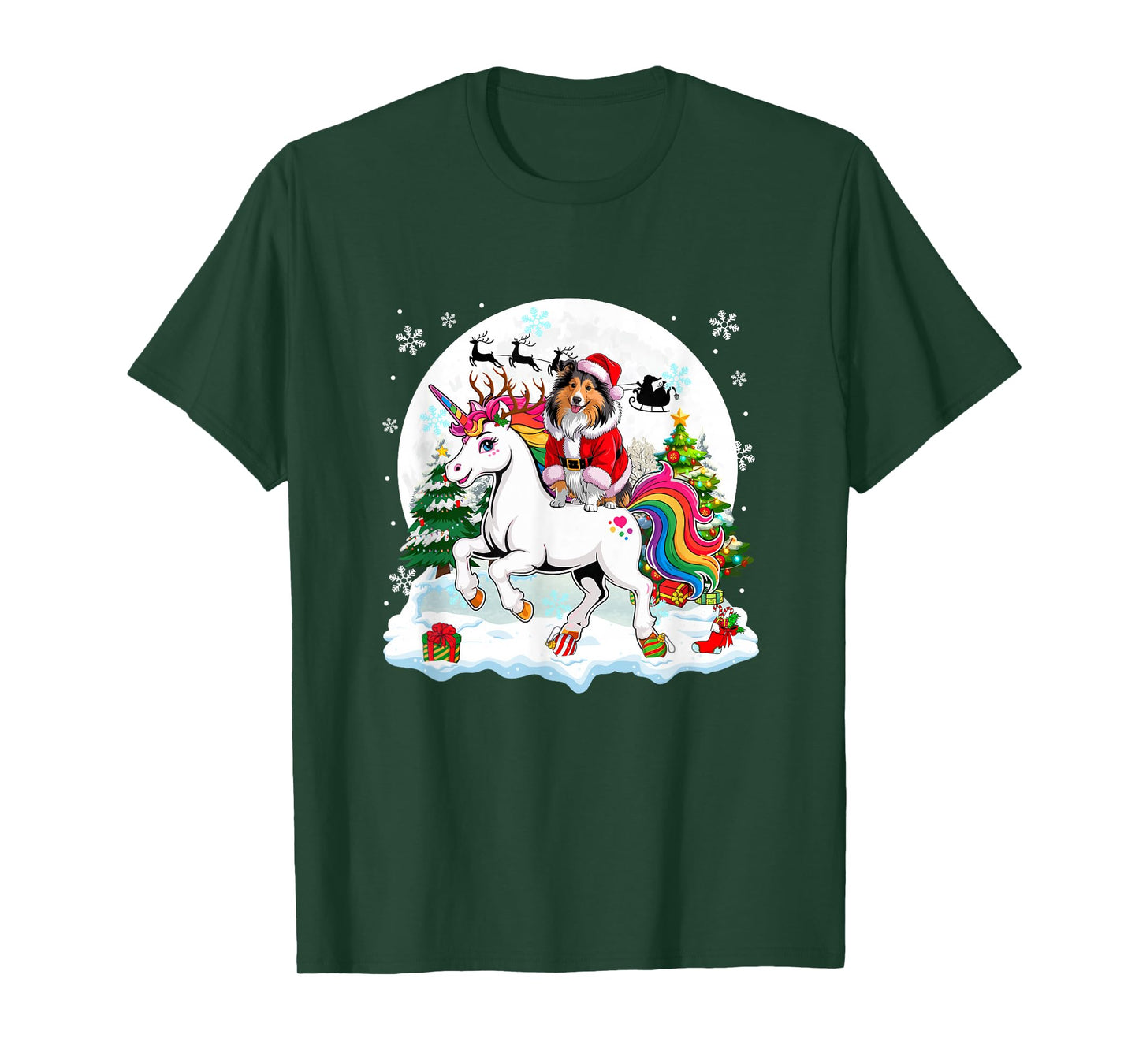 Santa Sheltie Riding Unicorn Reindeer Christmas Owner Kids T-Shirt