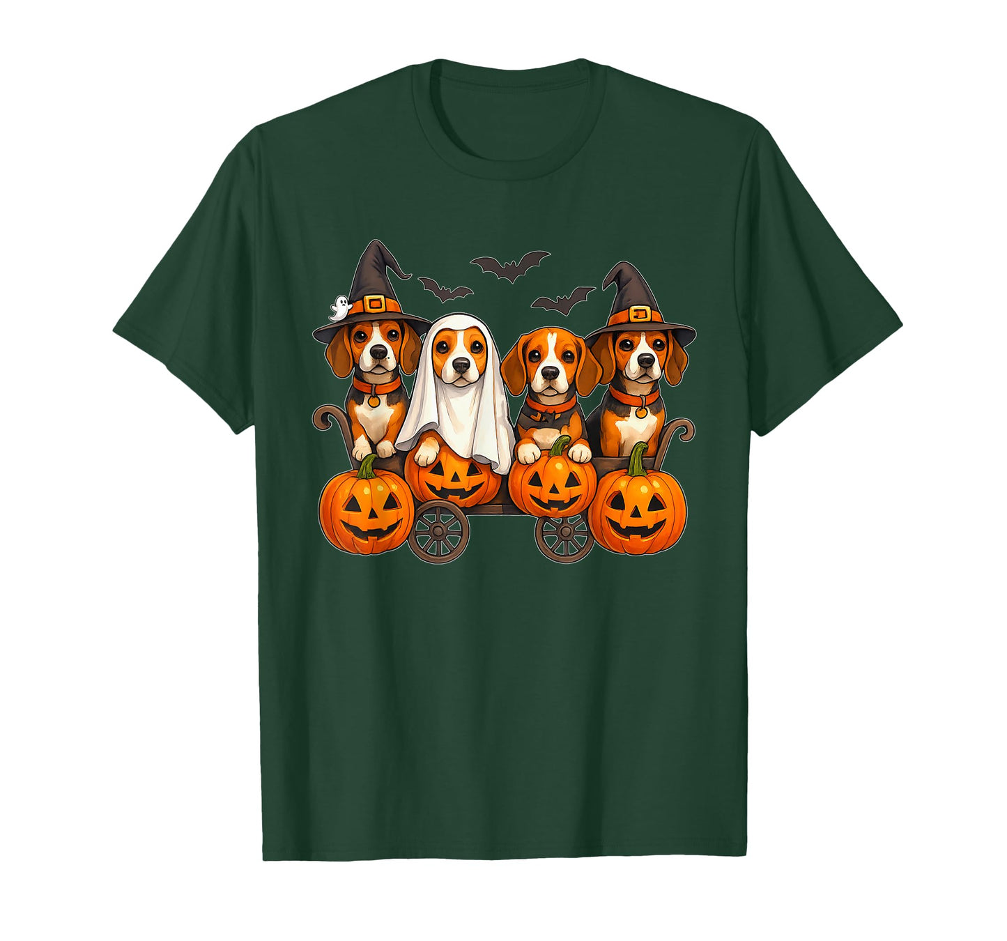 Halloween Beagle Dogs Ghost Witch Pumpkins Wooden Wagon Cute T-Shirt